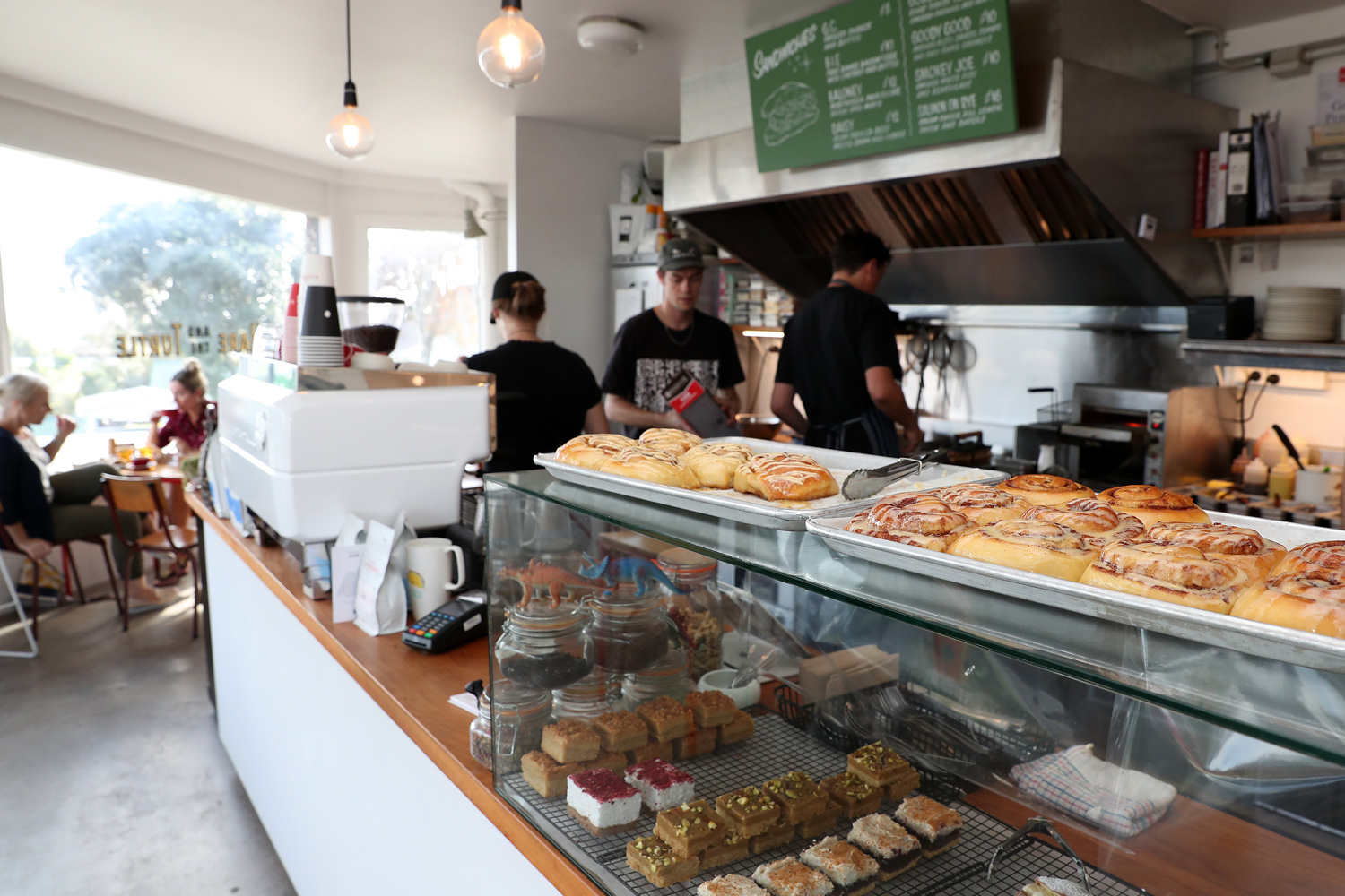 Hare and the Turtle cafe also serves heavenly house-made sticky cinnamon buns. Photo / Fiona Goodall
