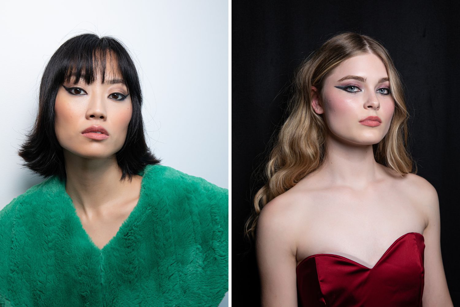 Left to right: Sweeping feline flick at Susana Tasi. A colourful take on the trend at Kharl Wirepa. Photos / Darren Meredith for Basalaj Beauty