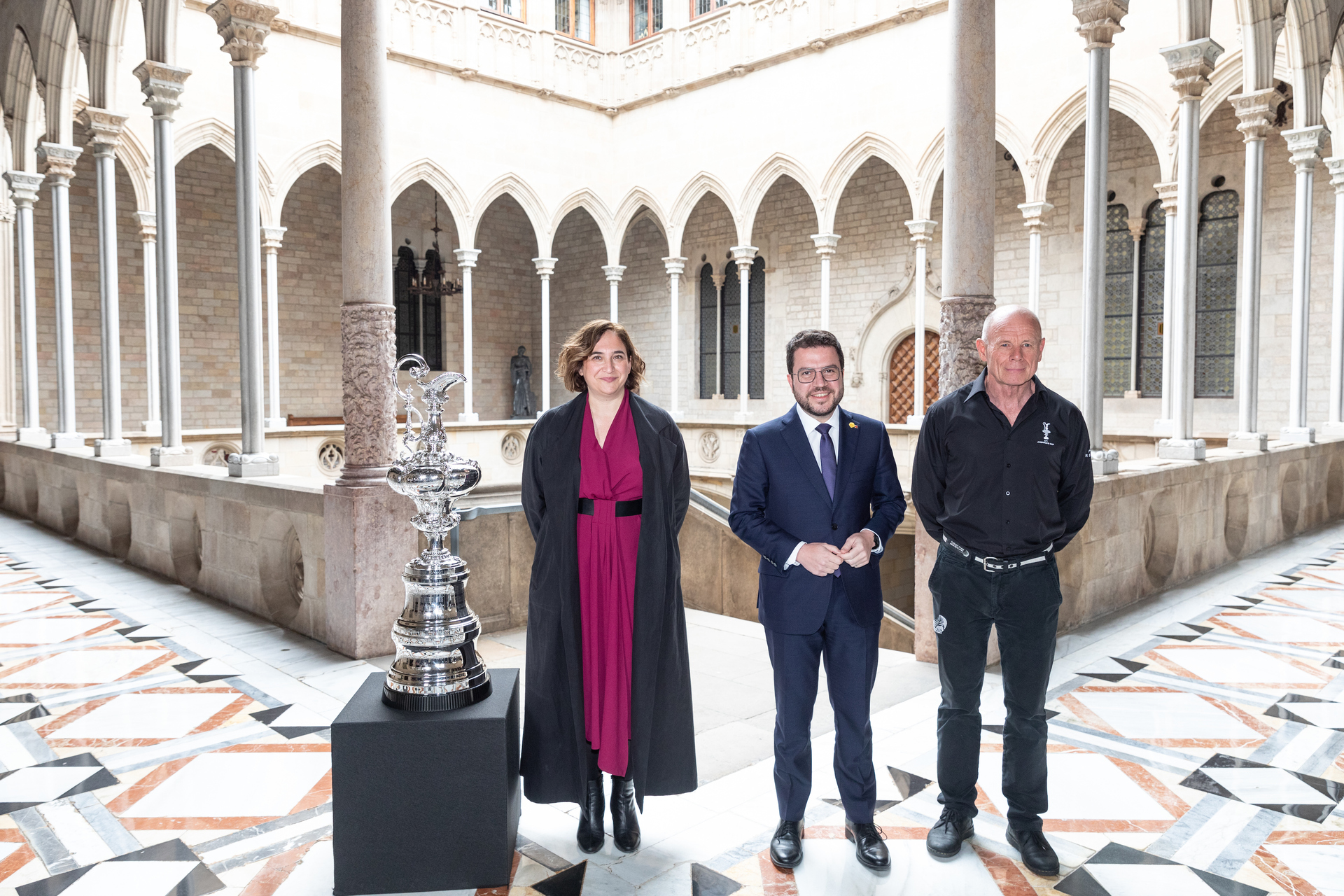Mayor of Barcelona Ada Colau, President of the Government of Catalonia Pere Aragon and Grant Dalton CEO of Emirates Team New Zealand with the America's Cup. Photo / SailingShots