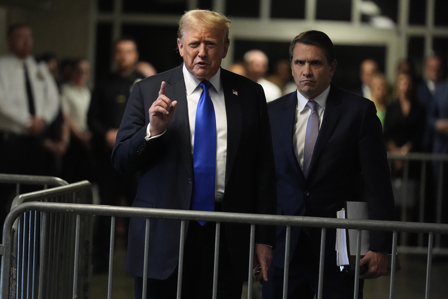 Former President Donald Trump comments to members of the media after being found guilty on 34 felony counts. Photo / AP