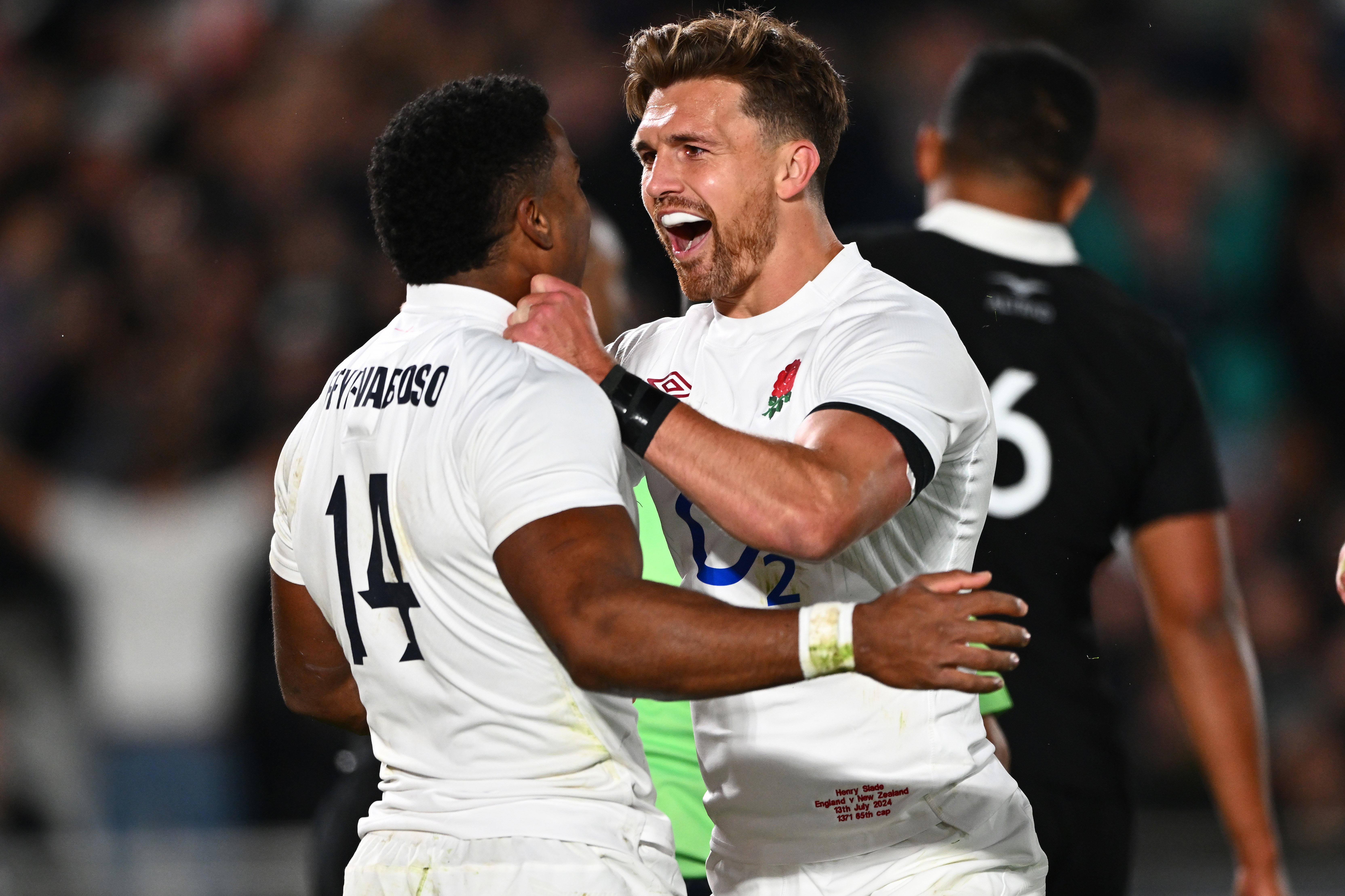 Immanuel Feyi-Waboso and Henry Slade celebrate against the All Blacks. Photo / Photosport