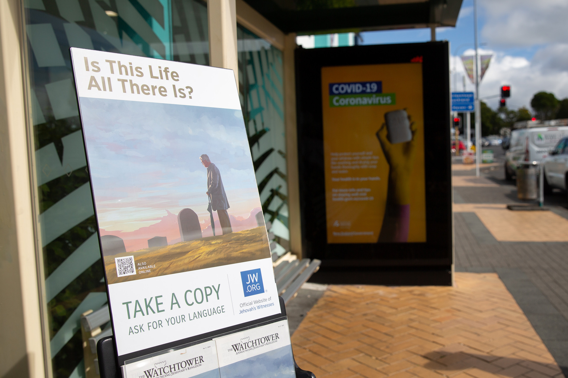 A Jehovah's Witness stand outside Glenfield Mall, Auckland. The church wanted to be excluded from a royal commission's scrutiny. Photo / NZME