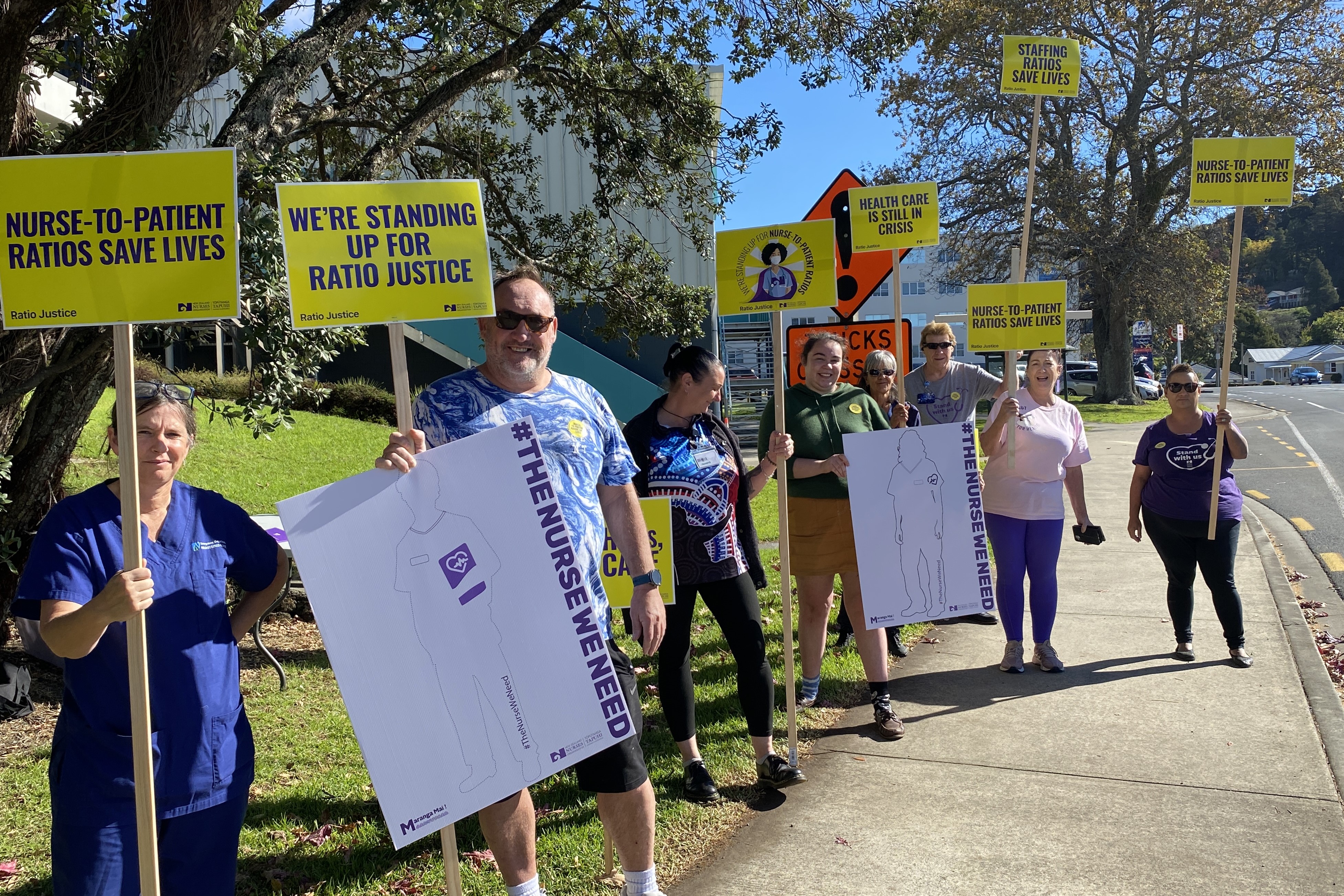 Members of the NZ Nurses Organisation rally outside Whangārei Hospital to urge the government to introduce safe nurse-to-patient ratios. Photo / Denise Piper