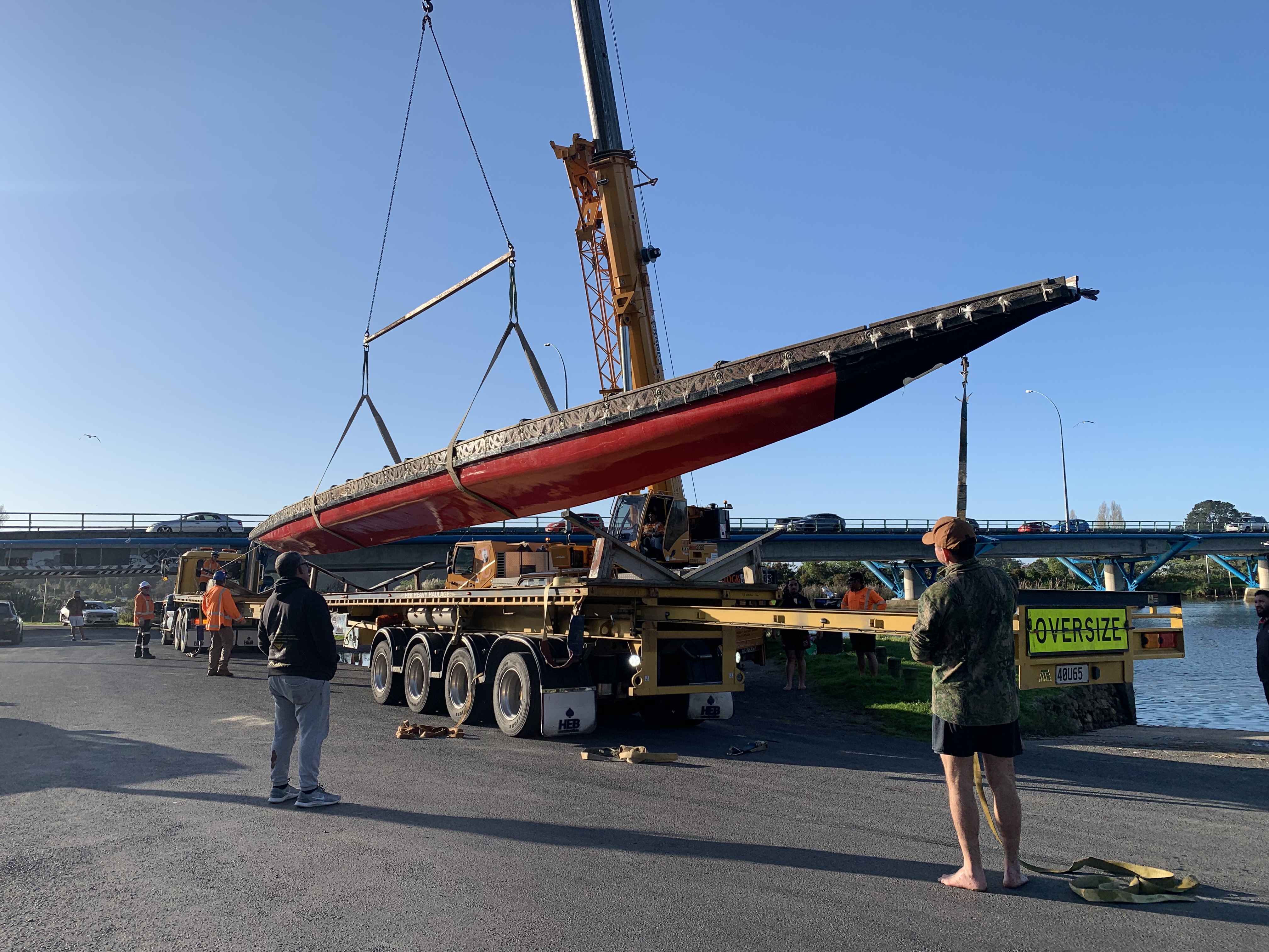 The Takitimu waka being placed on a truck on Monday, ready to be transported to Waikato to join the Māori King’s funeral flotilla.