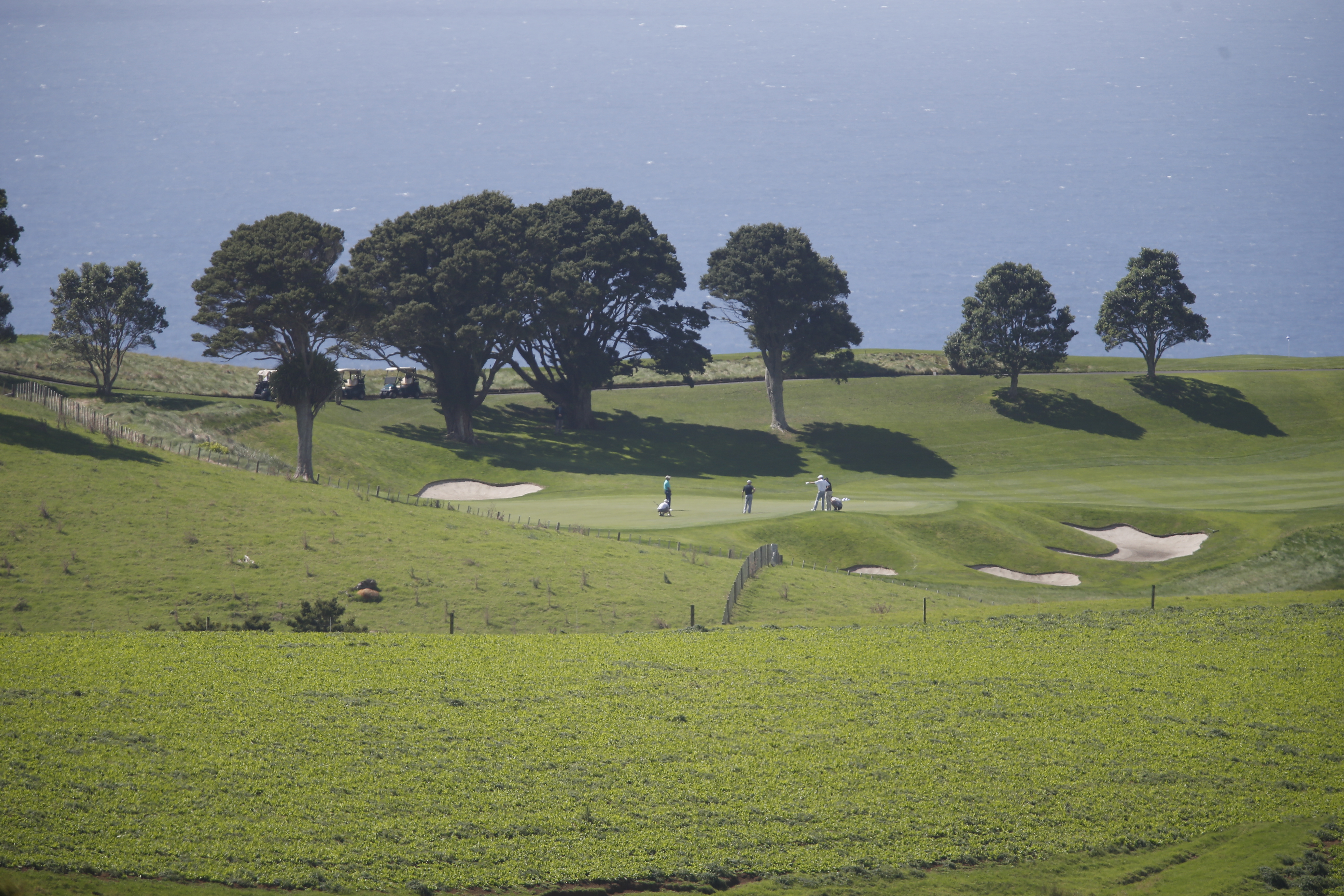 Barack Obama, in the green shirt, at the 13th hole at Kauri Cliffs. Photo / Michael Cunningham