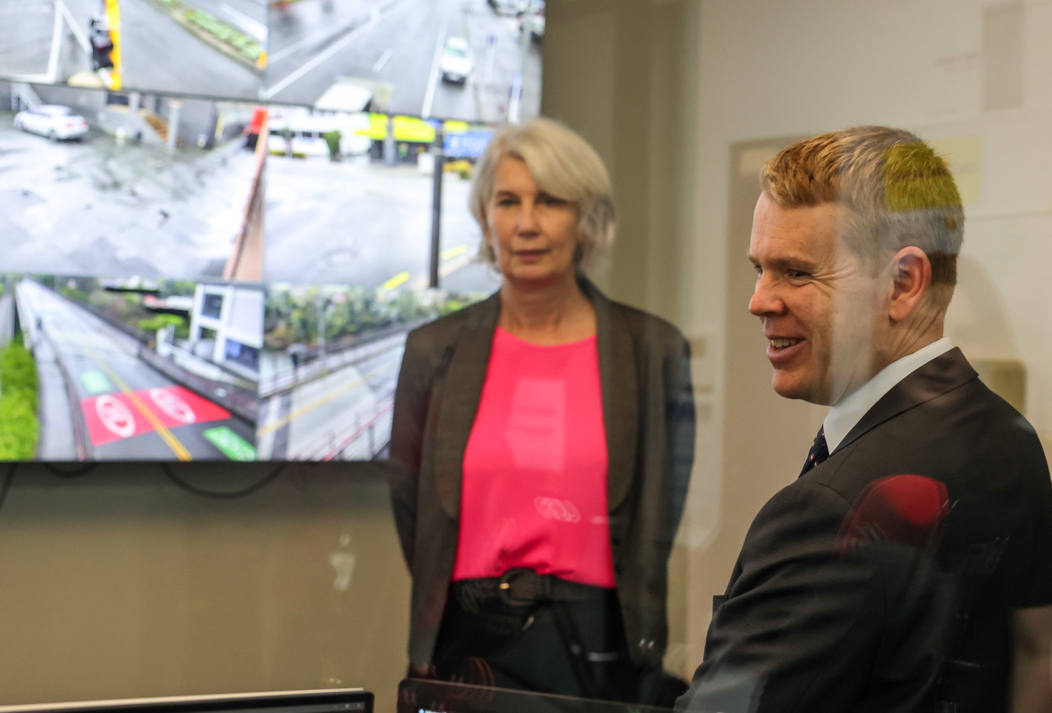 Prime Minister Chris Hipkins with Hamilton mayor Paula Southgate at the City Safe Camera Control room. Photo / Mike Scott