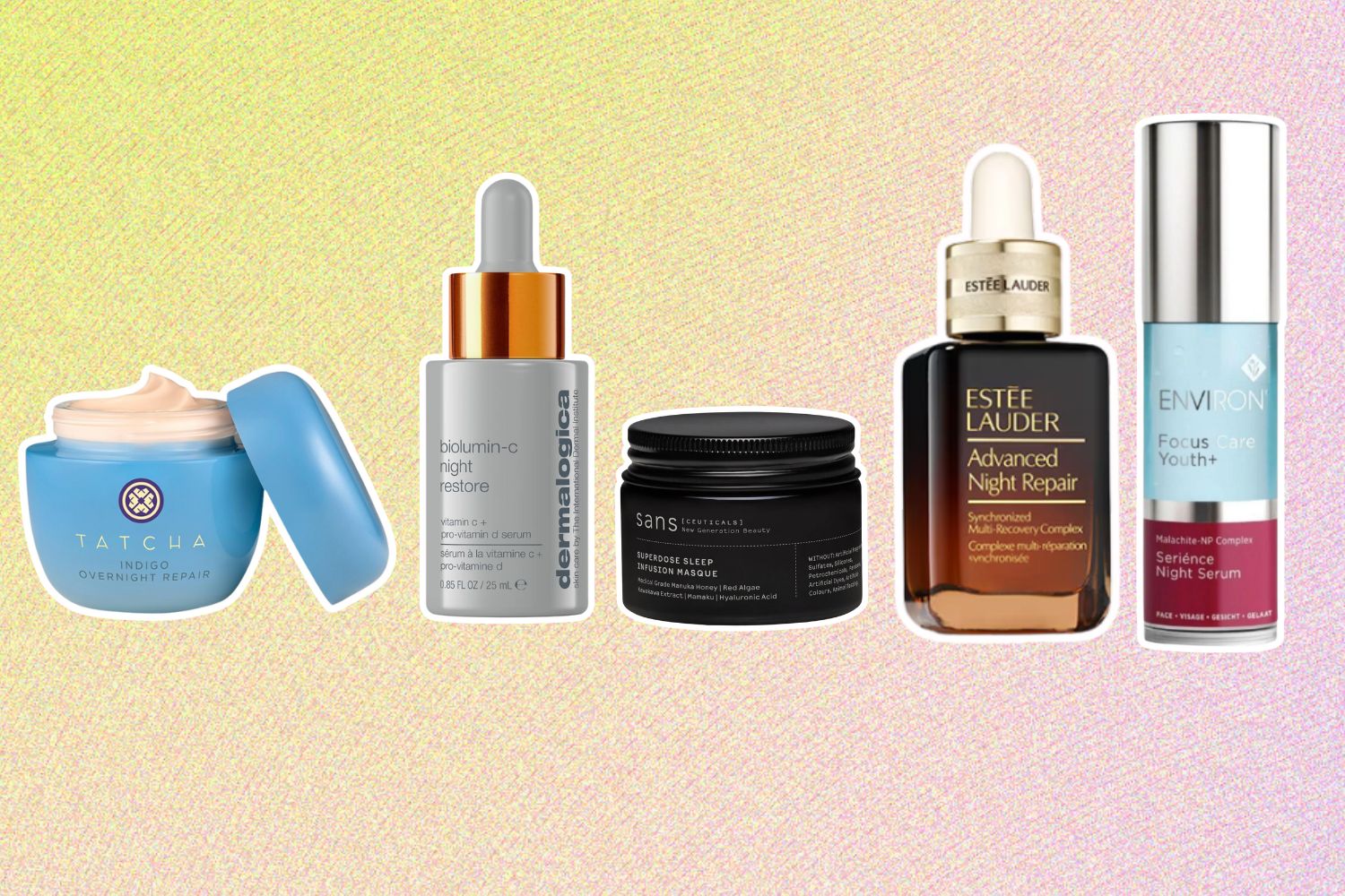 From left: Tatcha Indigo Overnight Repair; Dermalogica BioLumin C Night Restore; Sans Superdose Sleep Infusion Masque; Estee Lauder Advanced Night Repair Serum; Environ Serience Night Serum.