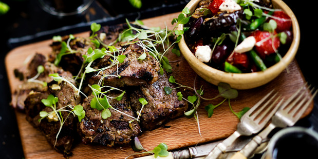 Lamb chops with aubergine, feta and anchovies. Picture / Babiche Martens.