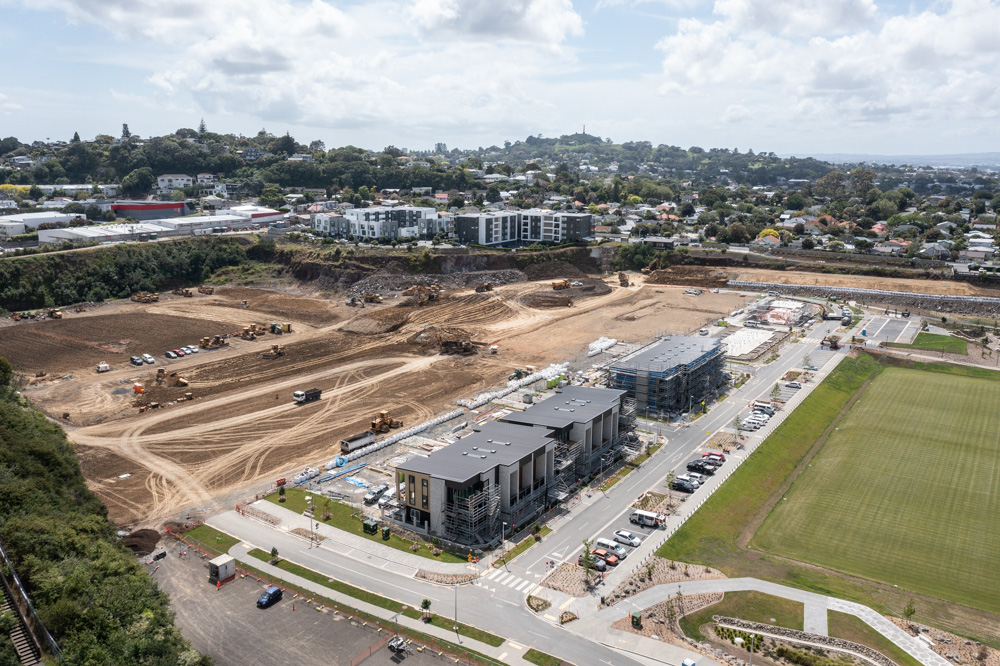 The 30 new terraces homes in blocks three levels high shown here in the centre of the ex-quarry. Photo / Jason Dorday