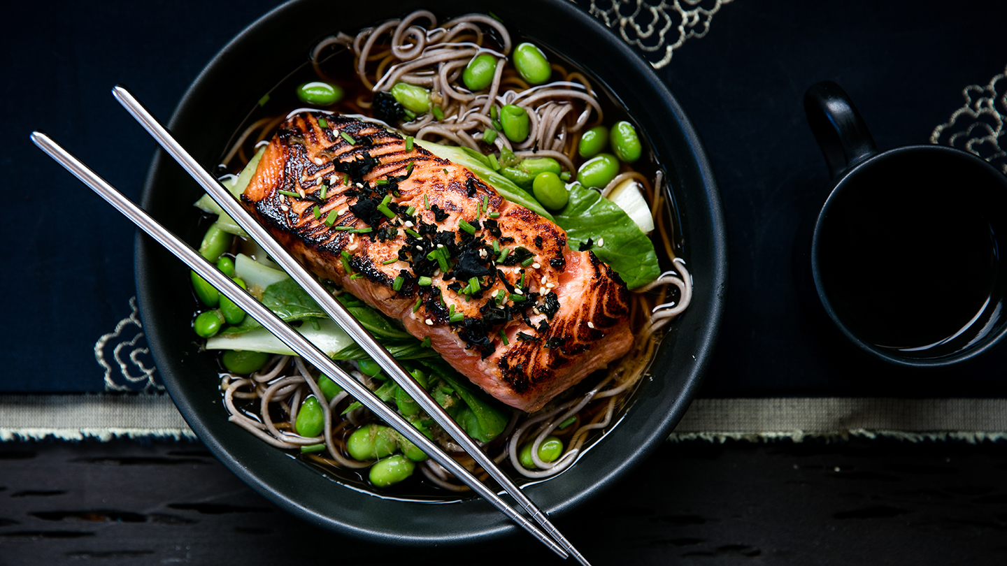 Ginger soy salmon on noodles-image