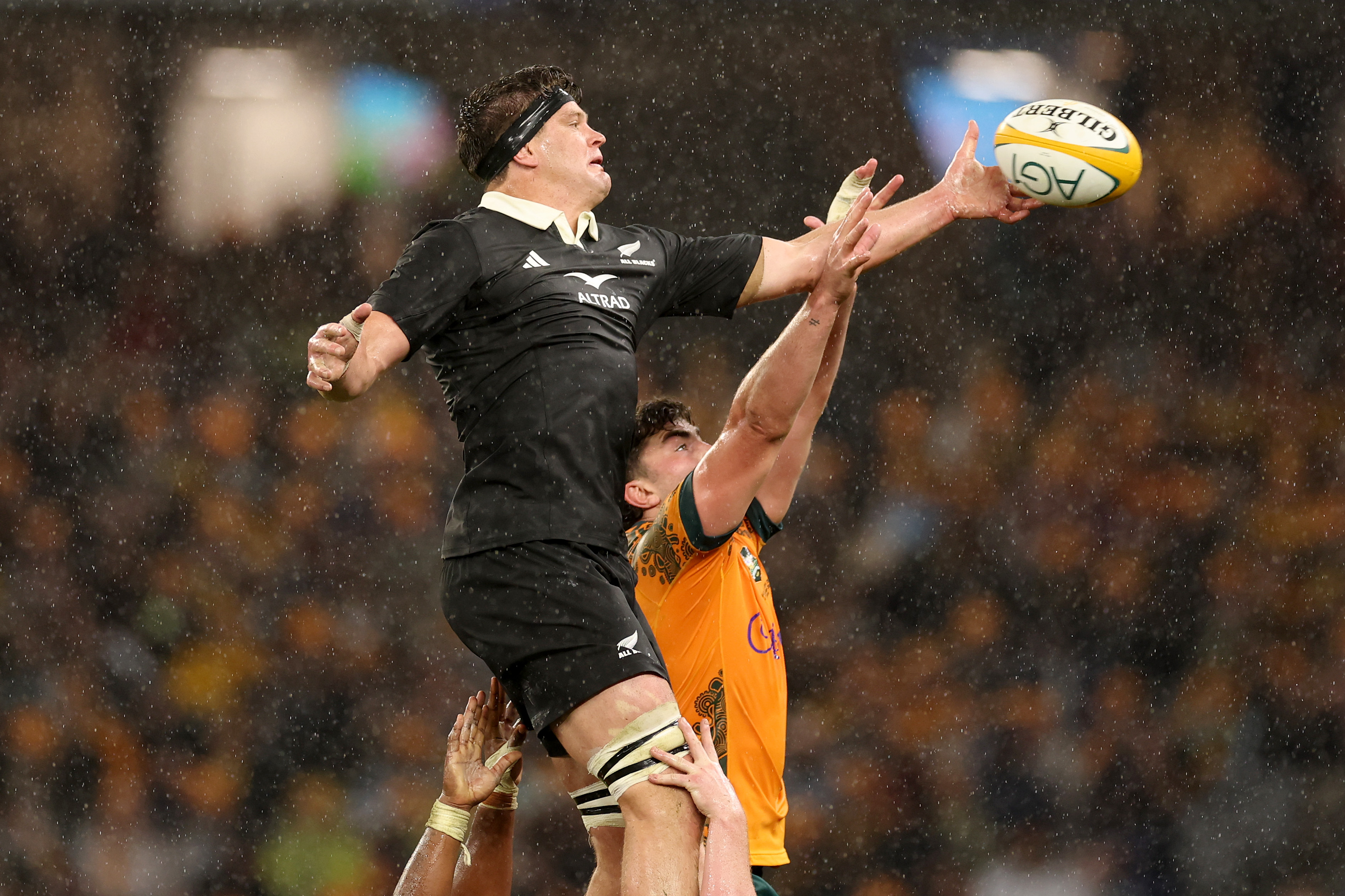 All Blacks captain Scott Barrett wins a lineout ball during The Rugby Championship and Bledisloe Cup match in Perth. Photo / Getty Images