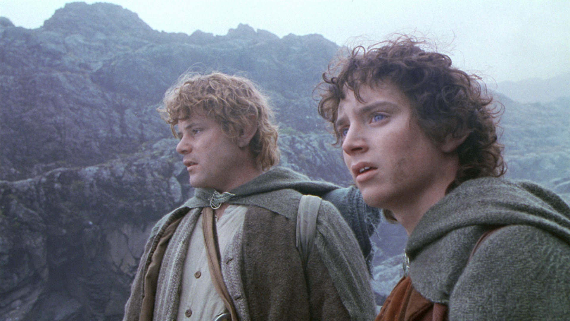 Sean Astin as Sam and Elijah Wood as Frodo Baggins in the Lord of the Rings film trilogy.