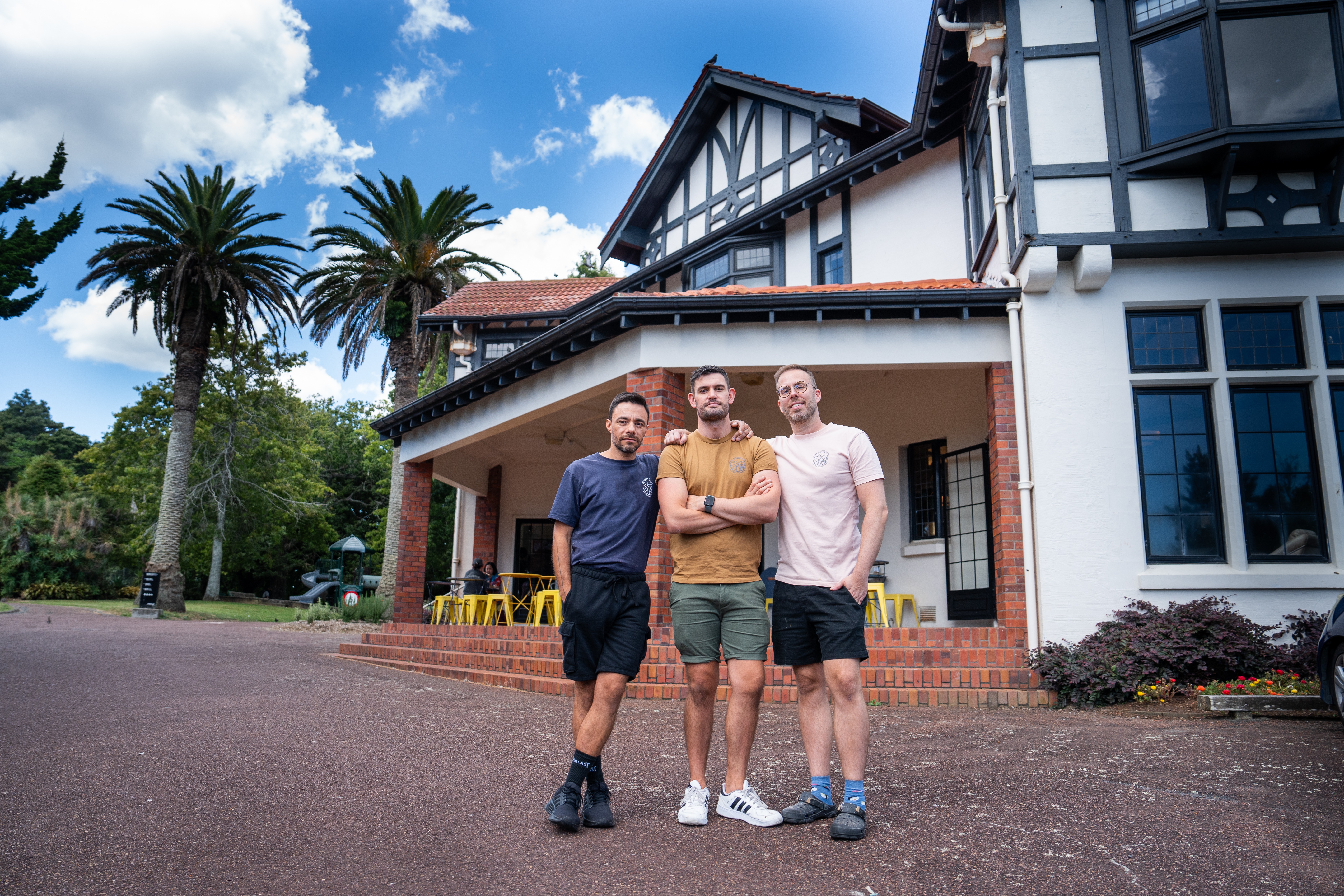 Mike Sheeran, Peter Matvos and Ricardo Le Roux, owners of Hill House Cafe at the Nathan Homestead in Manurewa. Photo / Ben Dickens