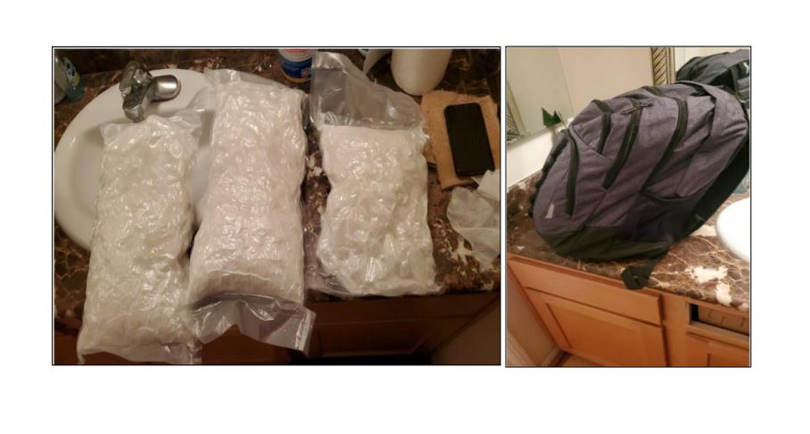 This photo of 10kg of methamphetamine and the backpack it would be hidden in was sent to Sese Vimahi so the illicit luggage could be identified by corrupt baggage handlers. Photo / Supplied