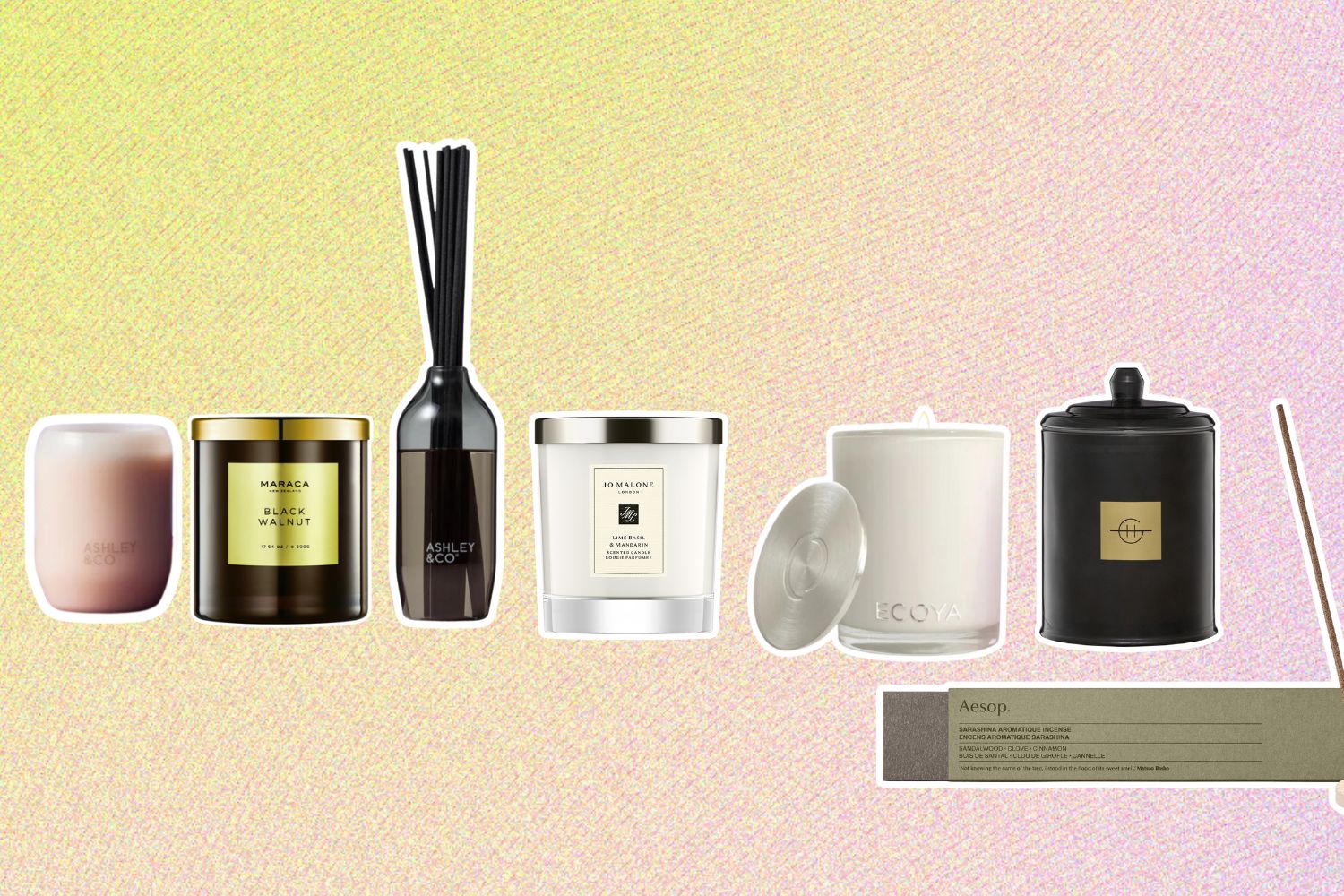 From left: Ashley & Co. Bonberry Waxed Perfume; Maraca Black Walnut Candle; Ashley & Co. Tui & Kahili; Jo Malone London Lime, Basil and Mandarin Home Candle; Ecoya Guava & Lychee Sorbet Madison Candle; Glasshouse Fragrances Fireside in Queenstown Soy Candle; Aesop Murasaki Incense