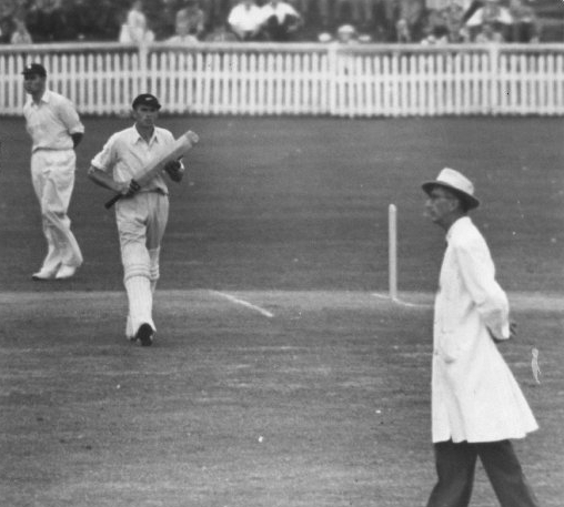 Geoff Rabone trudges off after being being given out LBW despite edging the ball on to his pads.