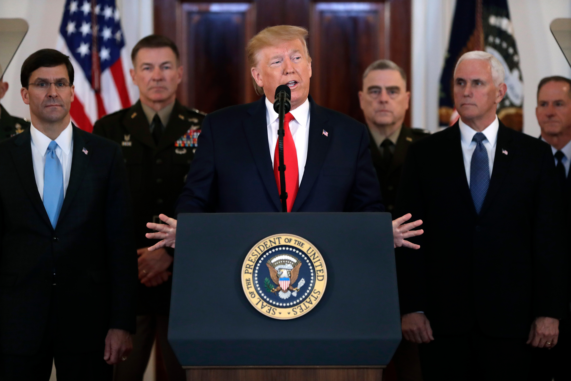 US President Donald Trump addresses the nation from the White House on the ballistic missile strike that Iran launched against Iraqi air bases housing US troops. Photo / AP