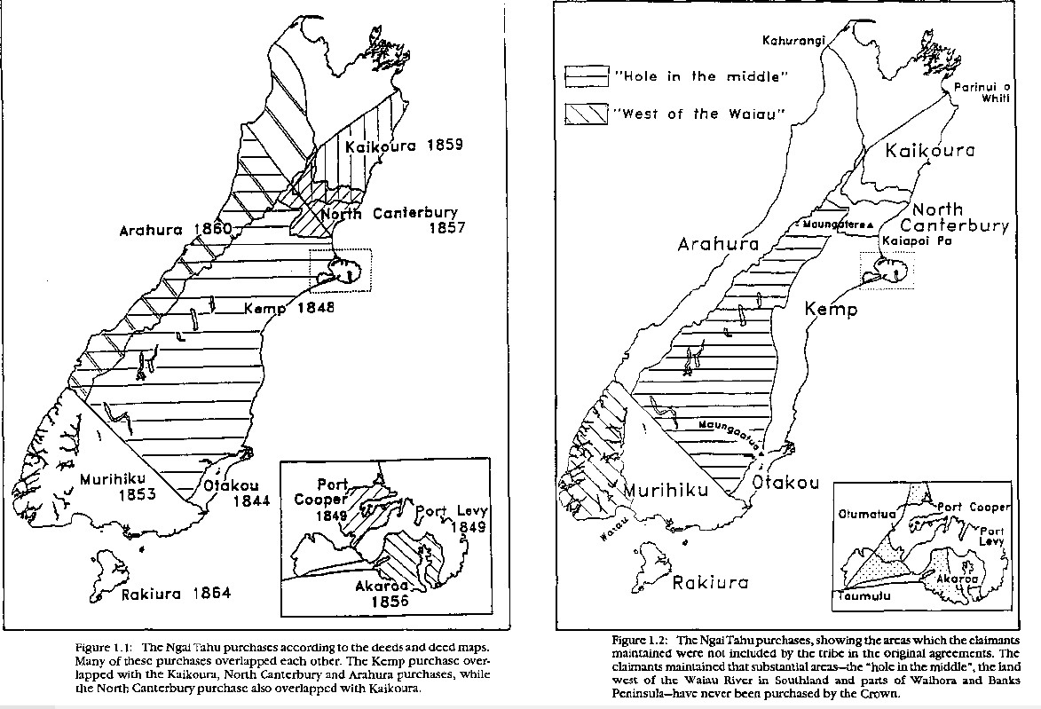 Disagreement: The image on the left is what the Crown said it bought. Ngāi Tahu said it never agreed to sell the enormous 'hole in the middle' in the image on the right.