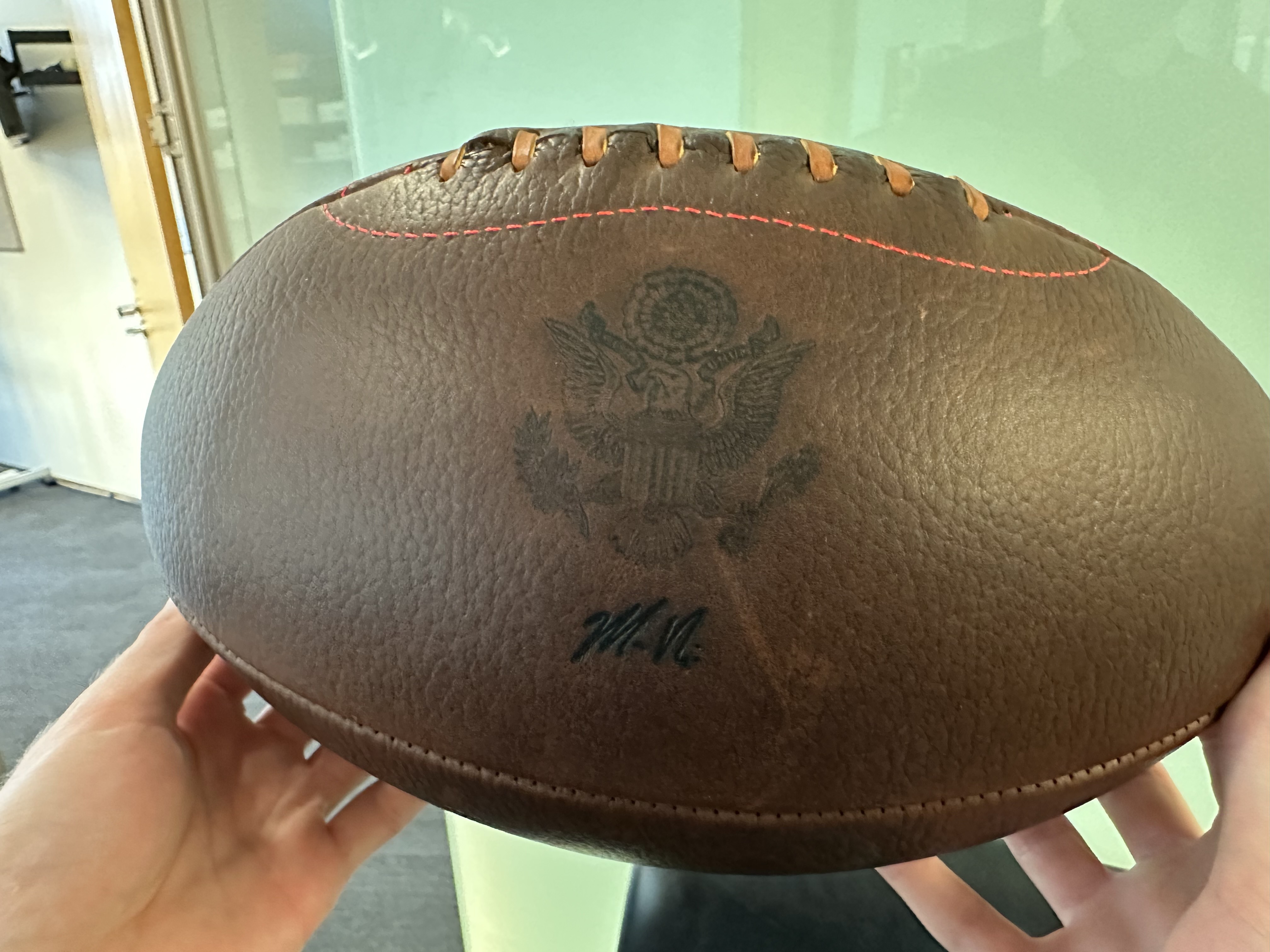 The pig-skinned American football given to Winston Peters last week by US Secretary of State Marco Rubio. Note the US coat of arms and the initials of Rubio. Photo / Supplied