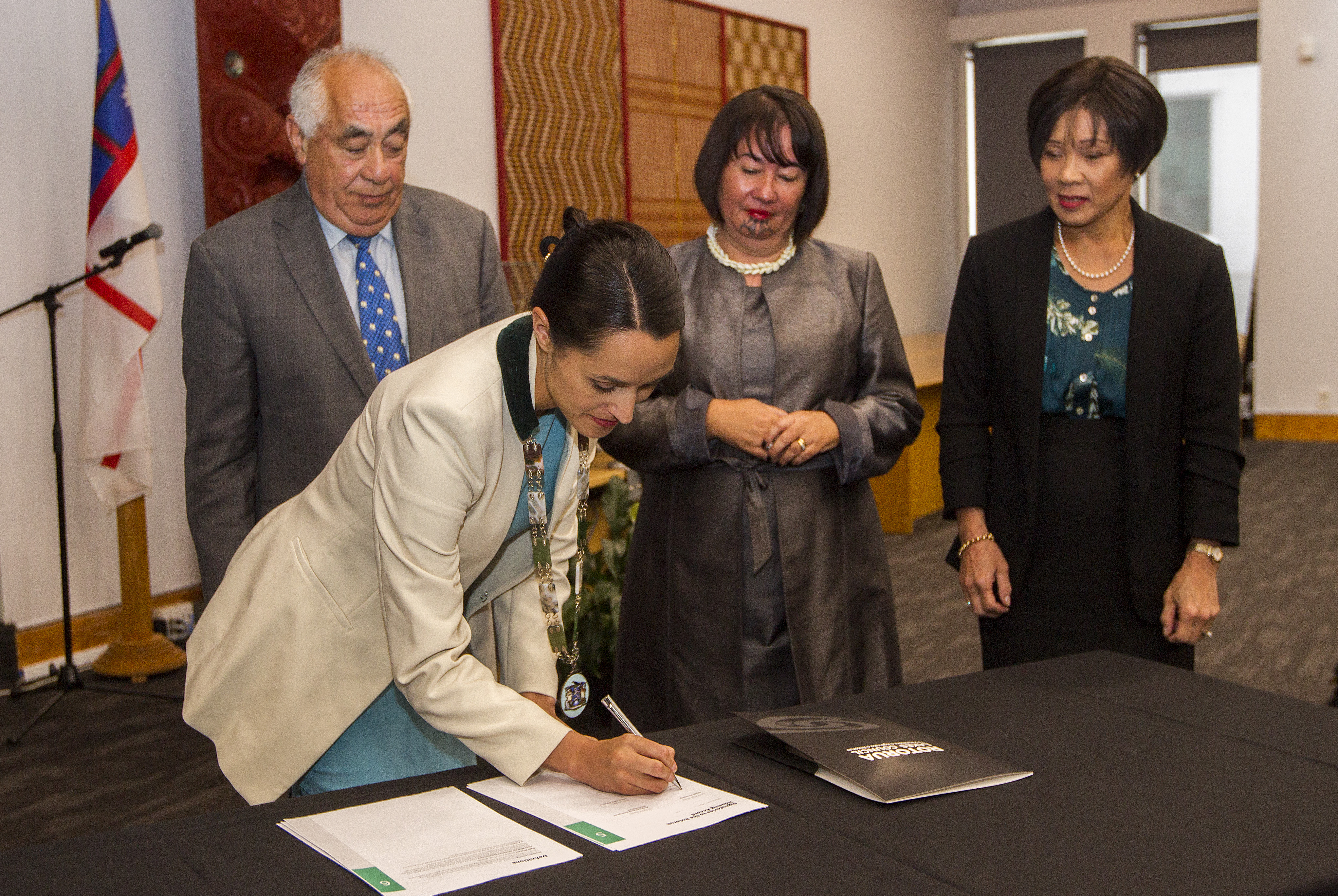 Housing Accord signing at Rotorua Lakes Council. Te Arawa representative Leith Comer, left, Rotorua mayor Tania Tapsell, Ngati Whakaue representative Lauren James and Rotorua deputy mayor Sandra Kai-Fong. Photo / Ben Fraser