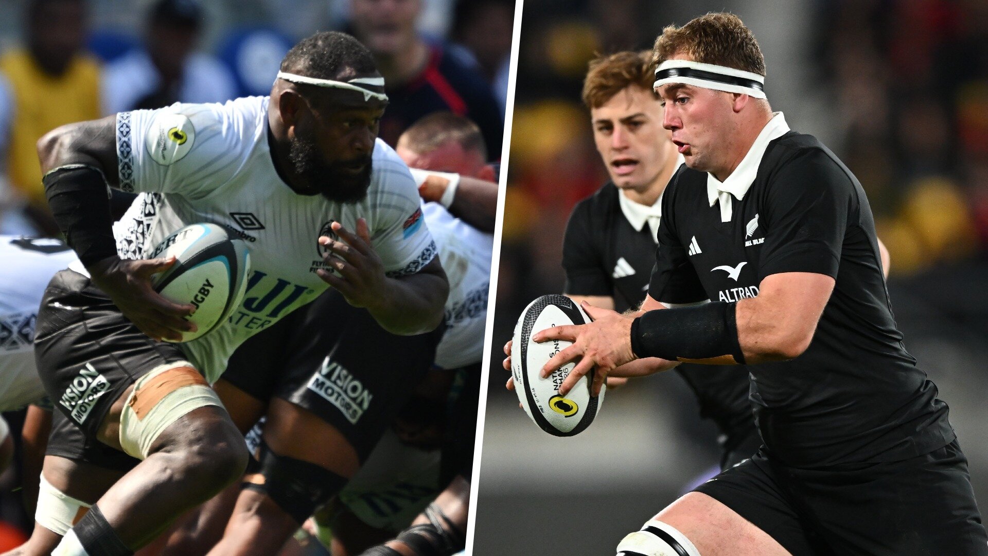 The jersey of Fiji and 10 other teams in the Nations Championship feature the competition's logo on their jerseys – but those worn by the All Blacks don't. Composite image / Photosport
