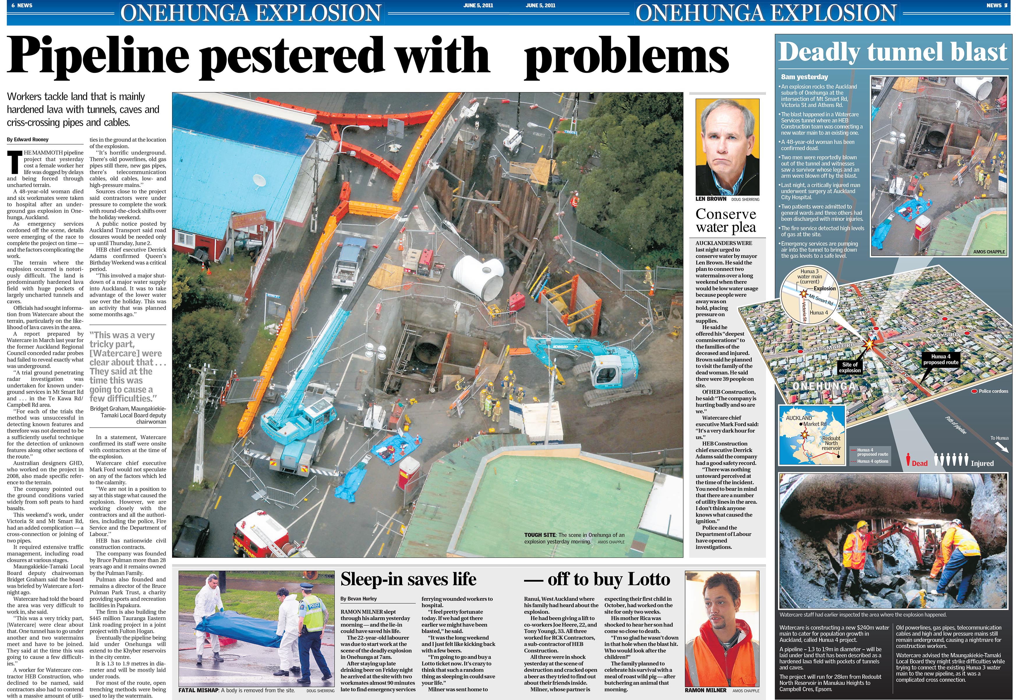 The Herald on Sunday newspaper report on the Watercare pipe explosion in 2011. Image / NZME