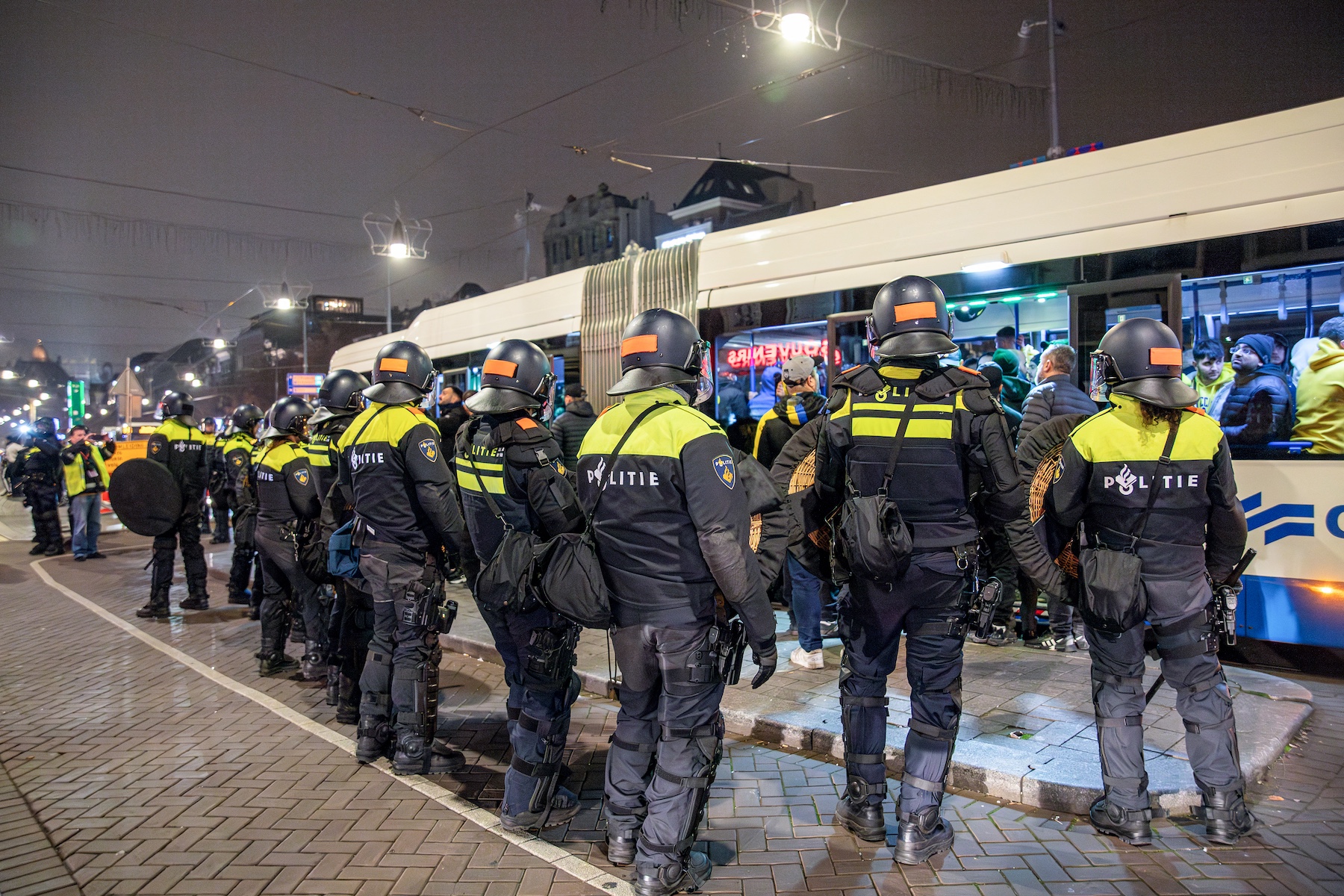 Dutch police stand guard after scuffles broke out in Amsterdam following a football match between Ajax and Maccabi Tel Aviv. Photo / AFP