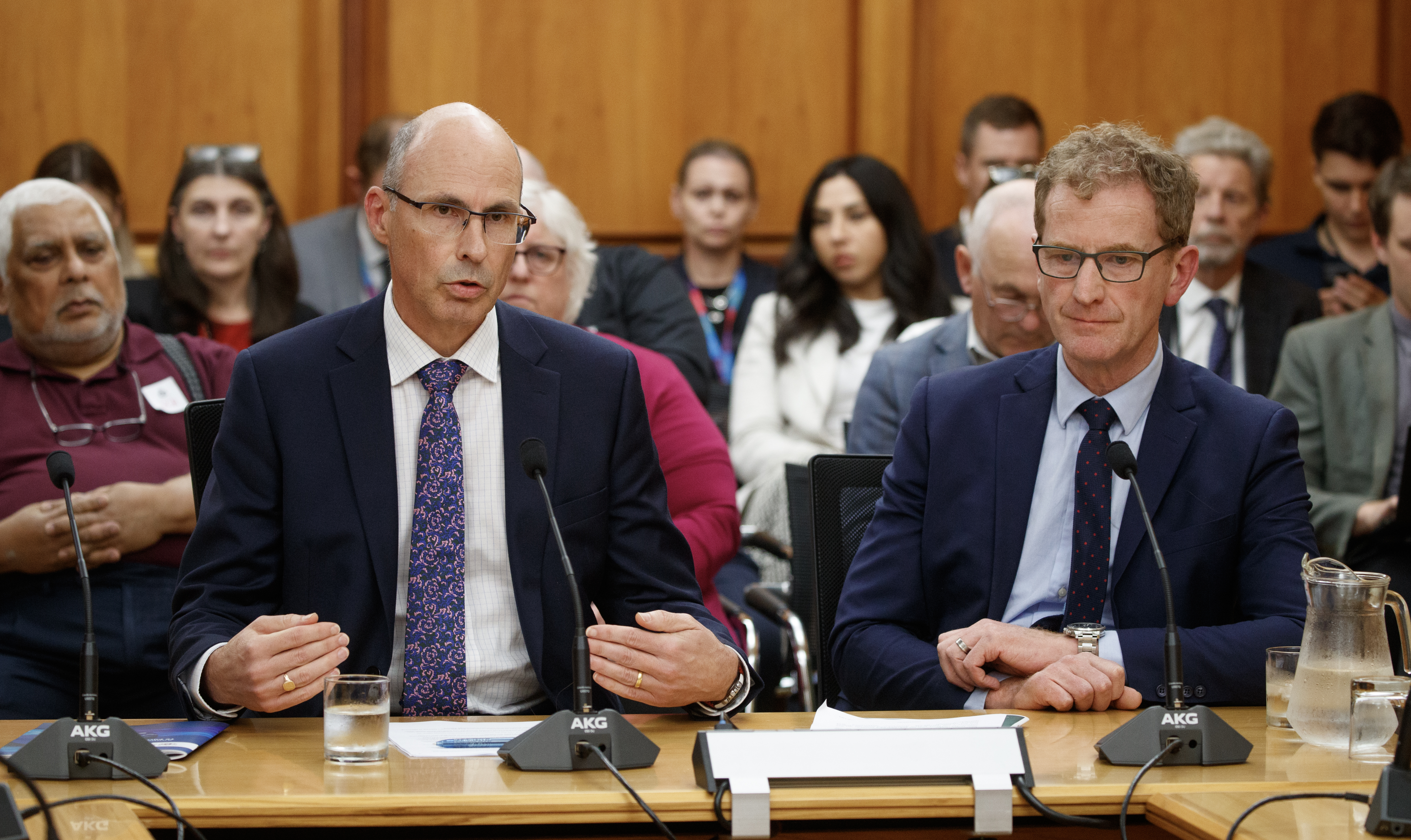 Government Communications Security Bureau director general Andrew Clark and NZ Security and Intelligence director general Andrew Hampton during their appearance at the intelligence and security select committee, Parliament, Wellington, 25 march, 2024. New Zealand Herald photograph by Mark Mitchell.