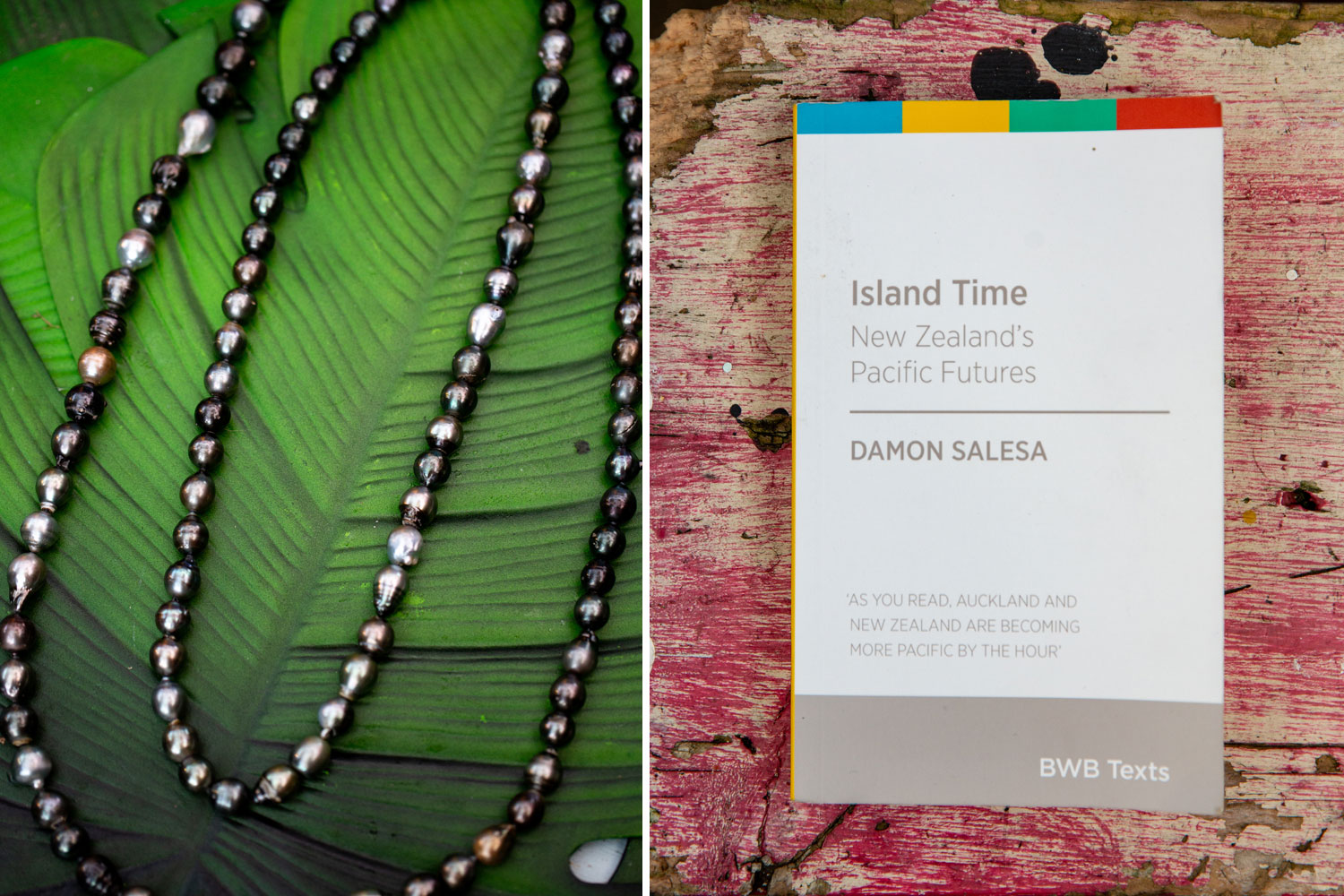 (From left) Black pearls; Island Time book. Photo / Babiche Martens