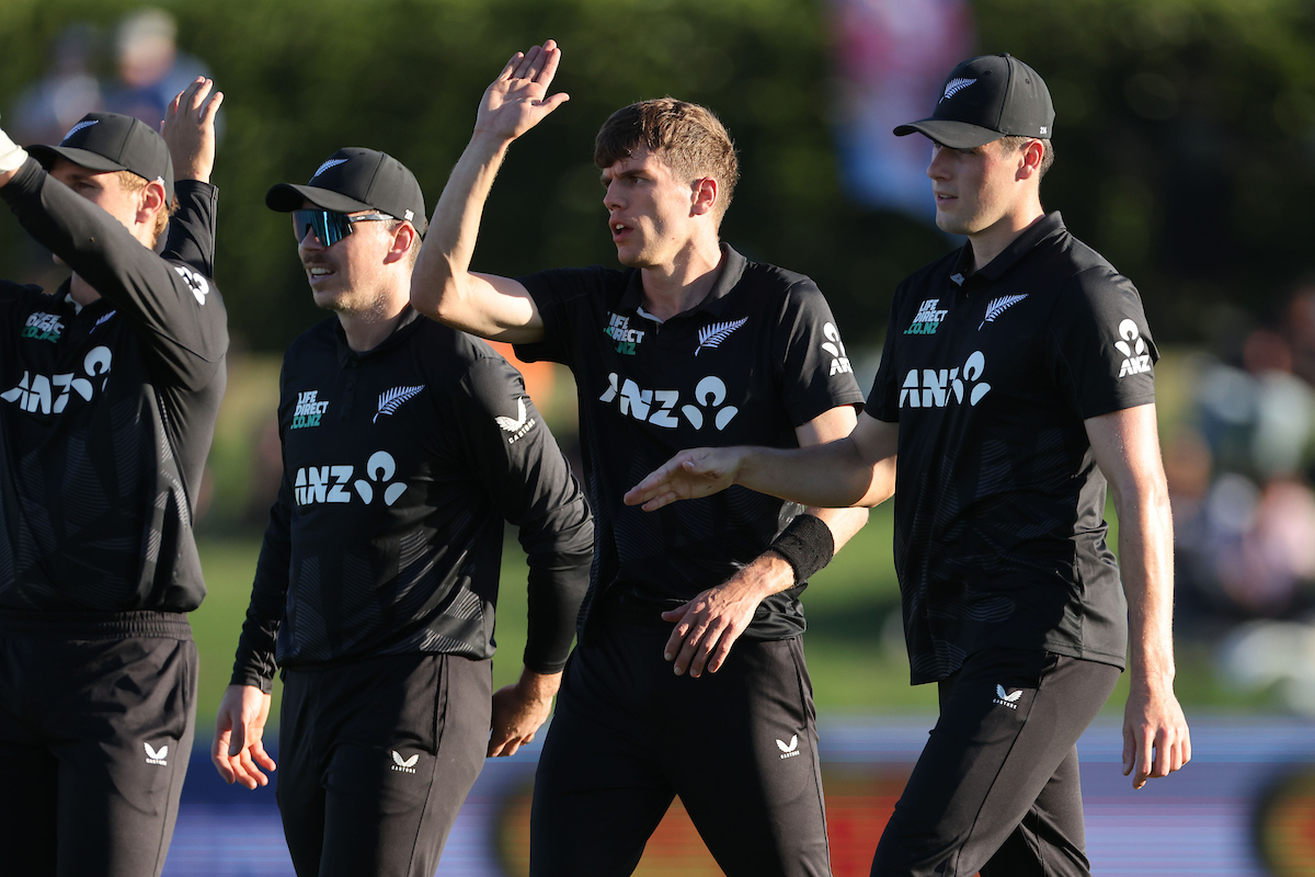 Ben Sears celebrates a wicket for the Black Caps against Pakistan in Mount Maunganui. Photo / Photosport