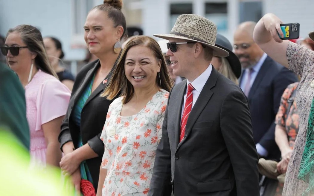 Carmel Sepuloni, Marama Davidson and Chris Hipkins at the Rātana celebrations, January 2024. Photo / RNZ