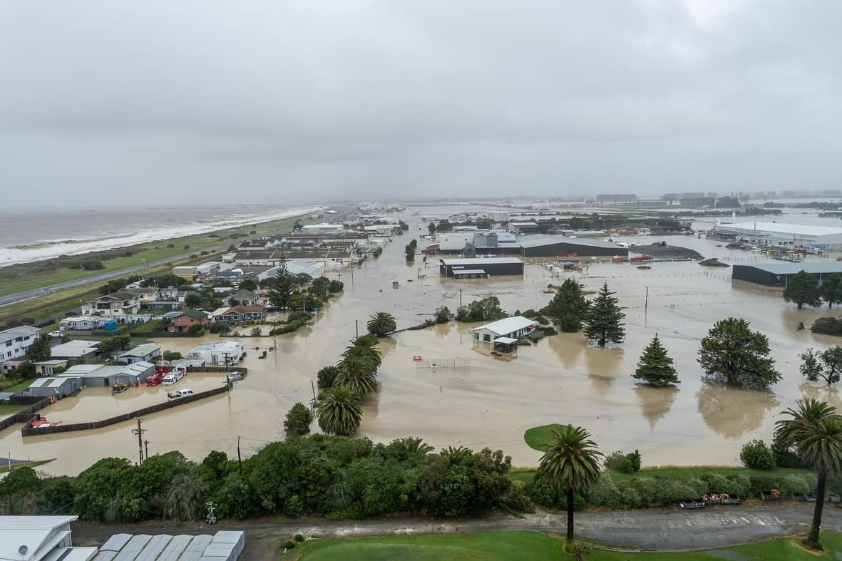 Extensive flooding at Awatoto seen from above the Napier Golf Course. Photo / Photography by Corena