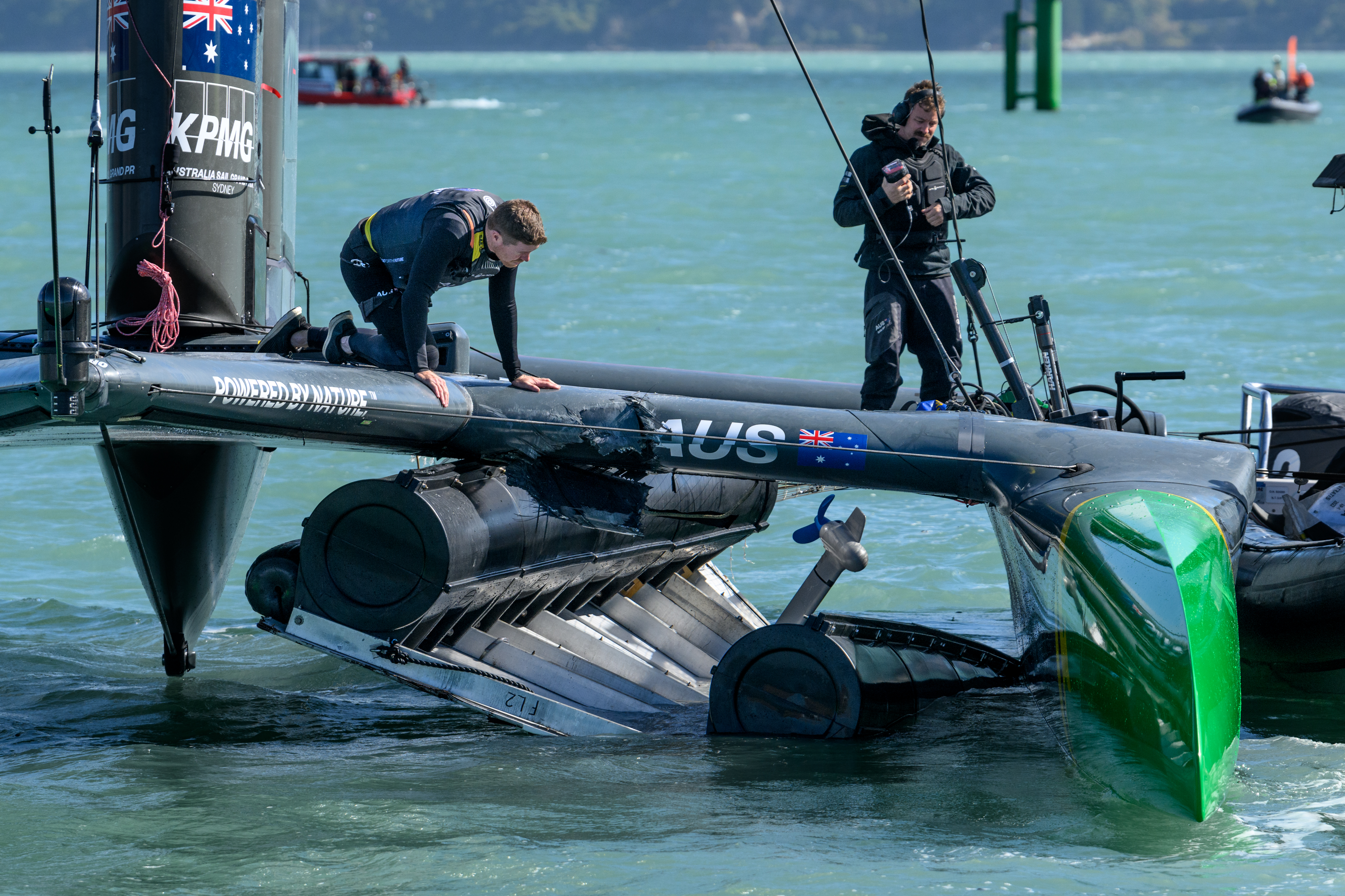 The Australian SailGP Team suffered damage to their boat after crashing into a race marker in Christchurch. Photo / Ricardo Pinto, SailGP