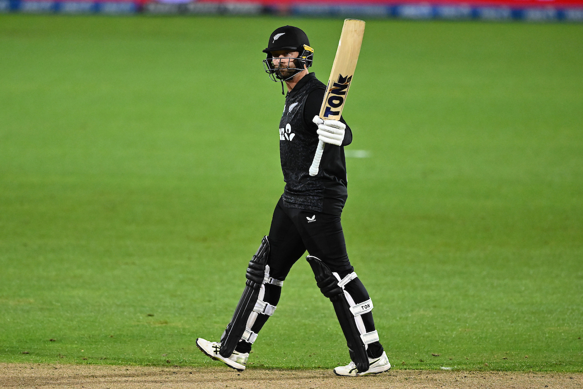 Devon Conway celebrates his half-century for the Black Caps against the West Indies in Napier. Photo / Photosport