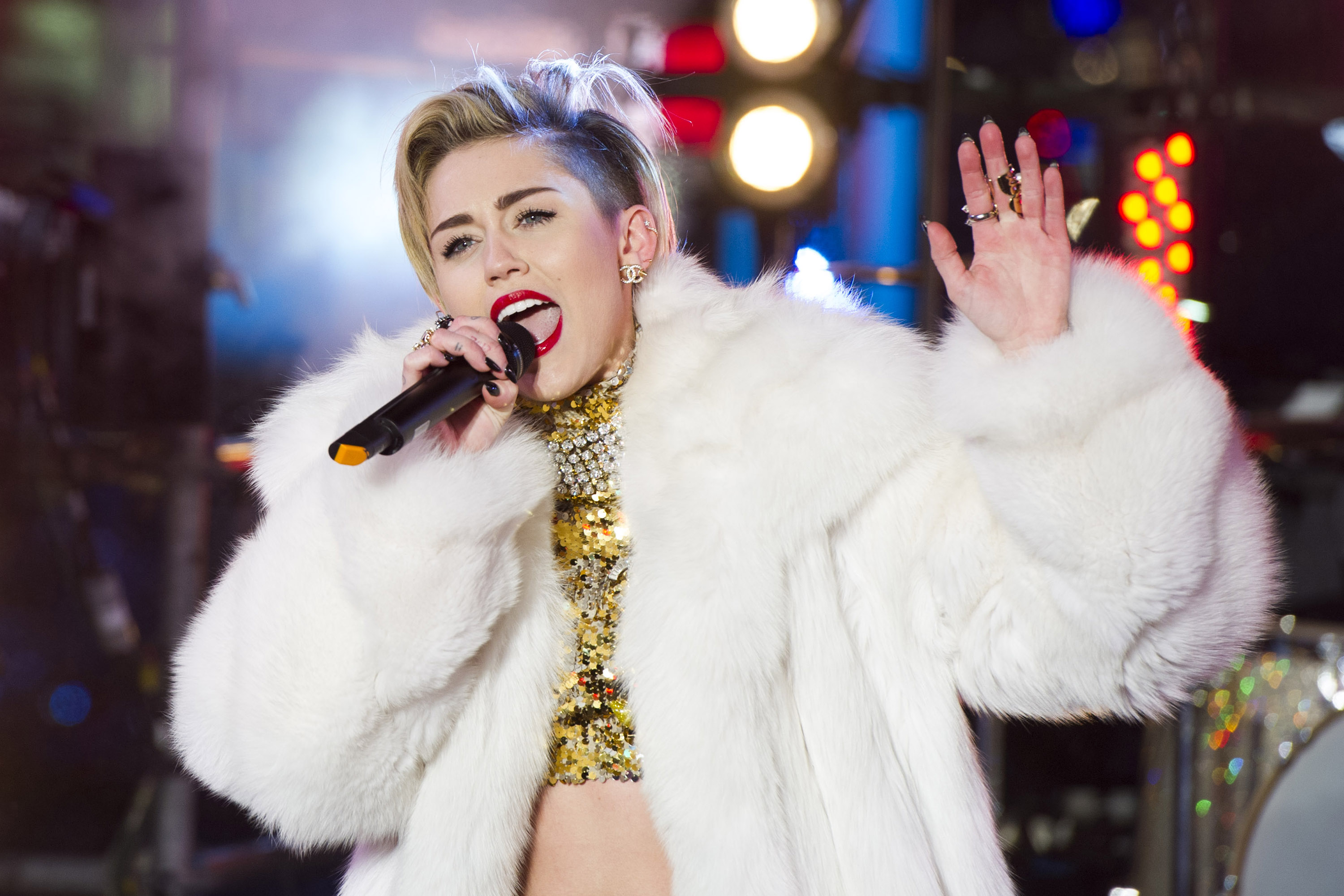 Miley Cyrus performs in Times Square during New Year's Eve celebrations in New York on her Bangerz tour. Photo / AP