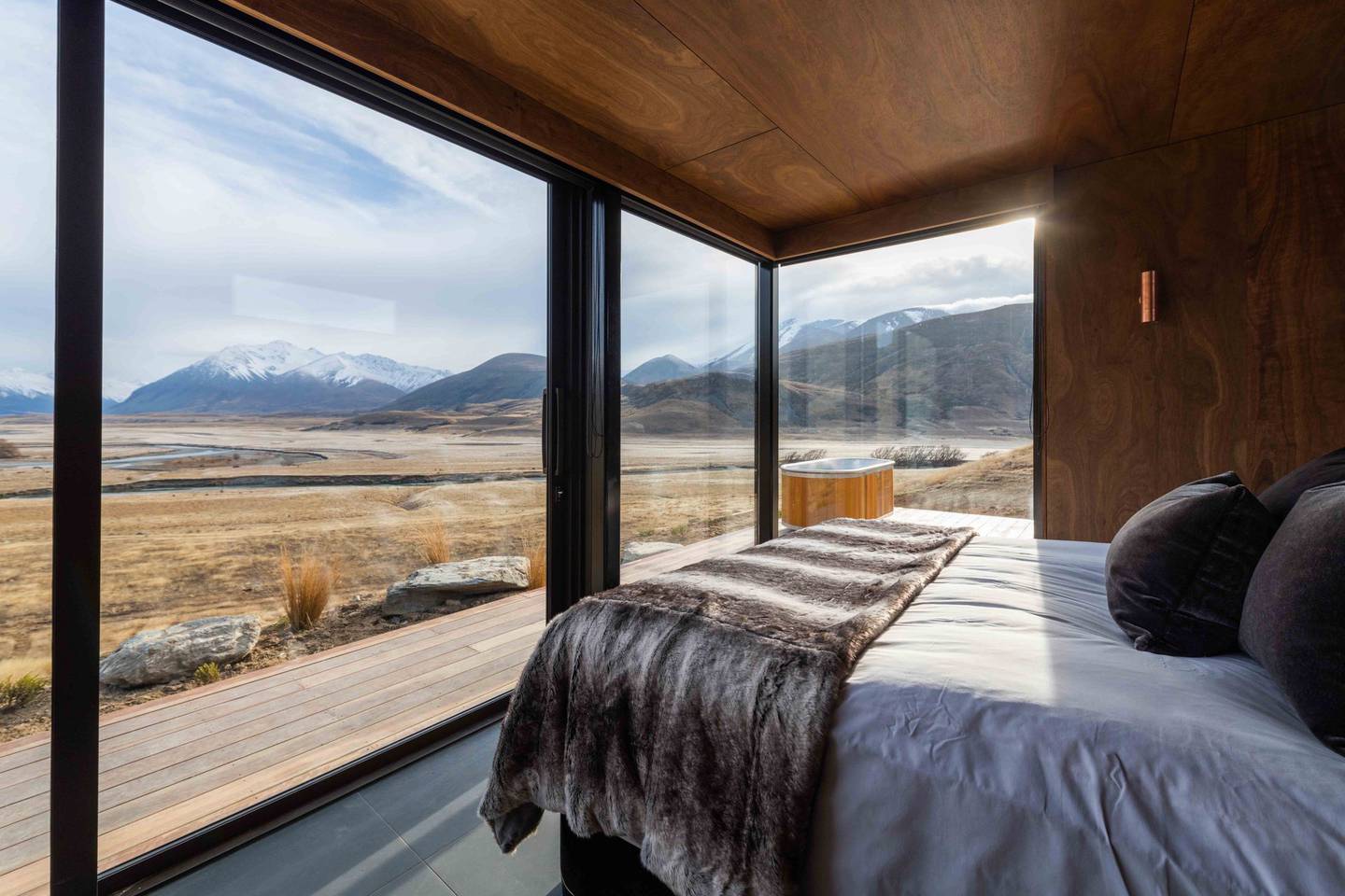 The view from one of the pods at The Lindis, a luxury lodge in New Zealand's Ahuriri Valley. Photo / Supplied