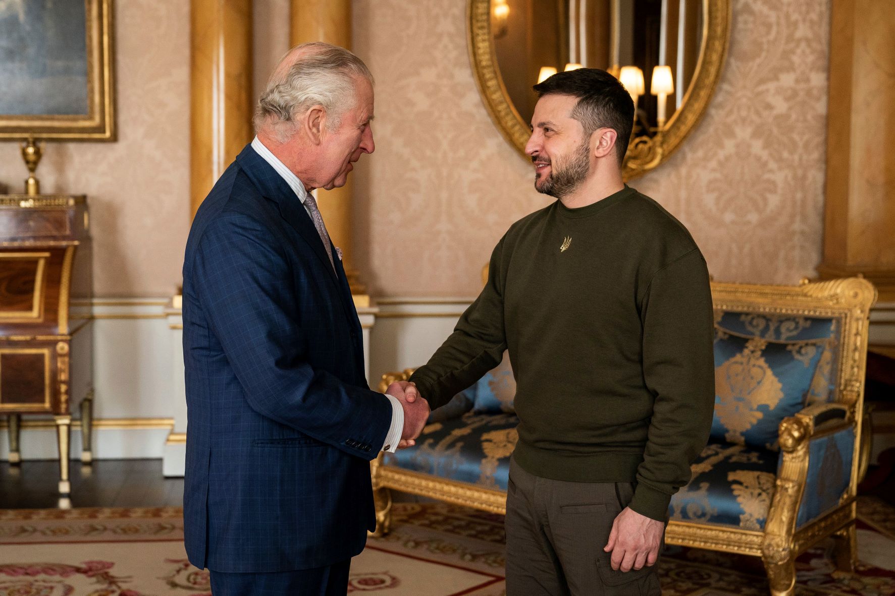Britain's King Charles III holds an audience with Ukrainian President Volodymyr Zelenskyy at Buckingham Palace, London, this month. It is the first visit to the UK by the Ukraine President since the war began a year ago. Photo / AP