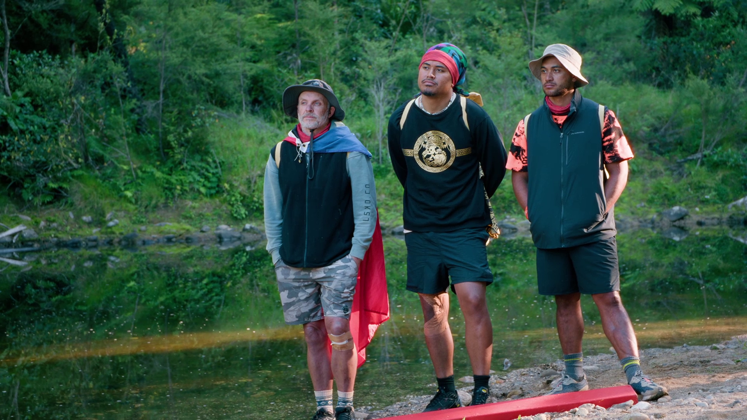 Christian Cullen, JP Foliaki, and James Rolleston battled it out in the Celebrity Treasure Island finale. Photo / TVNZ