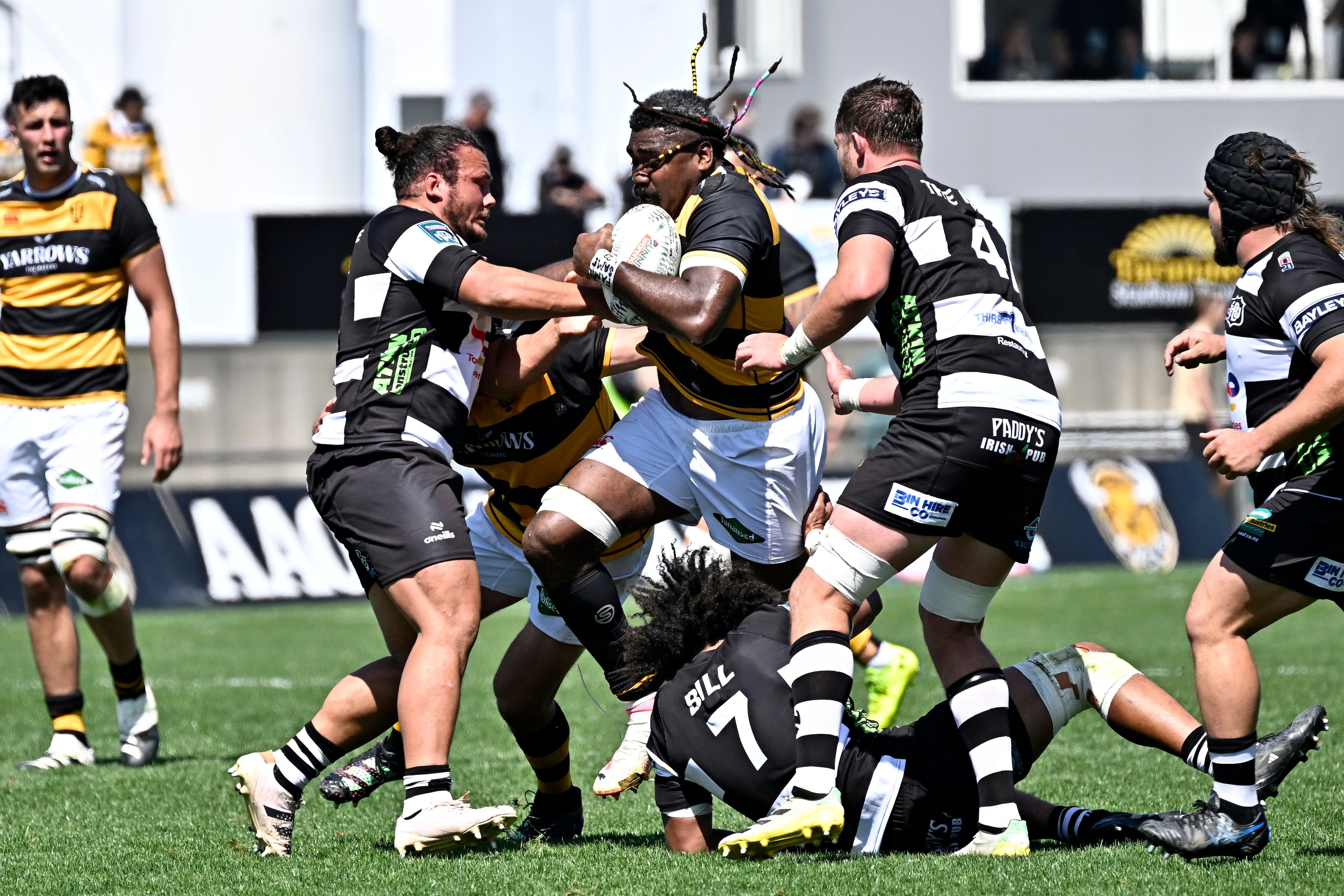 Pita Gus Sowakula of Taranaki is tackled during the NPC final Photo / photosport.nz