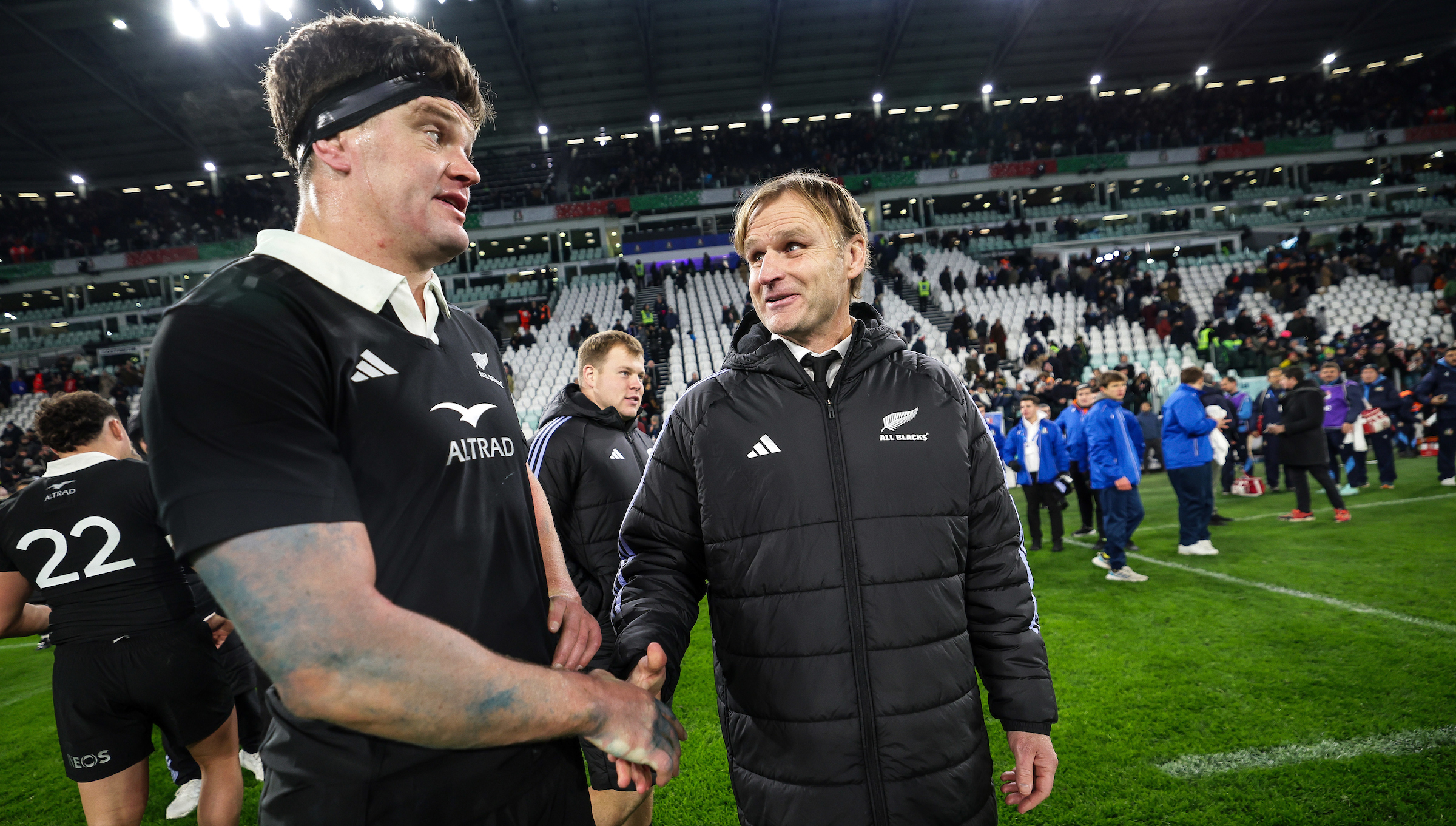 All Blacks captain Scott Barrett with head coach Scott Robertson after the game against Italy. Photo / Tom Maher