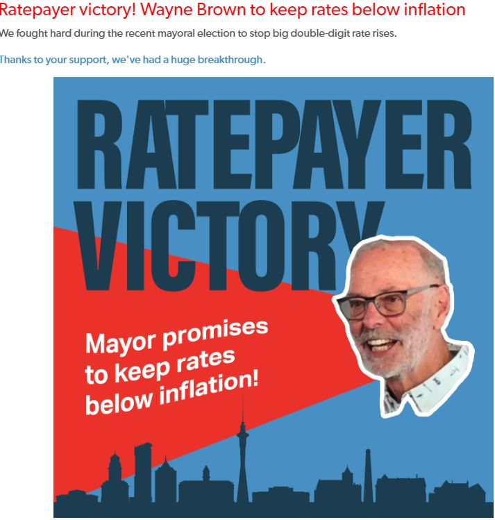 The Auckland Ratepayers' Alliance applauded Wayne Brown on the campaign trail to keep rate increases below inflation. Photo / ARA