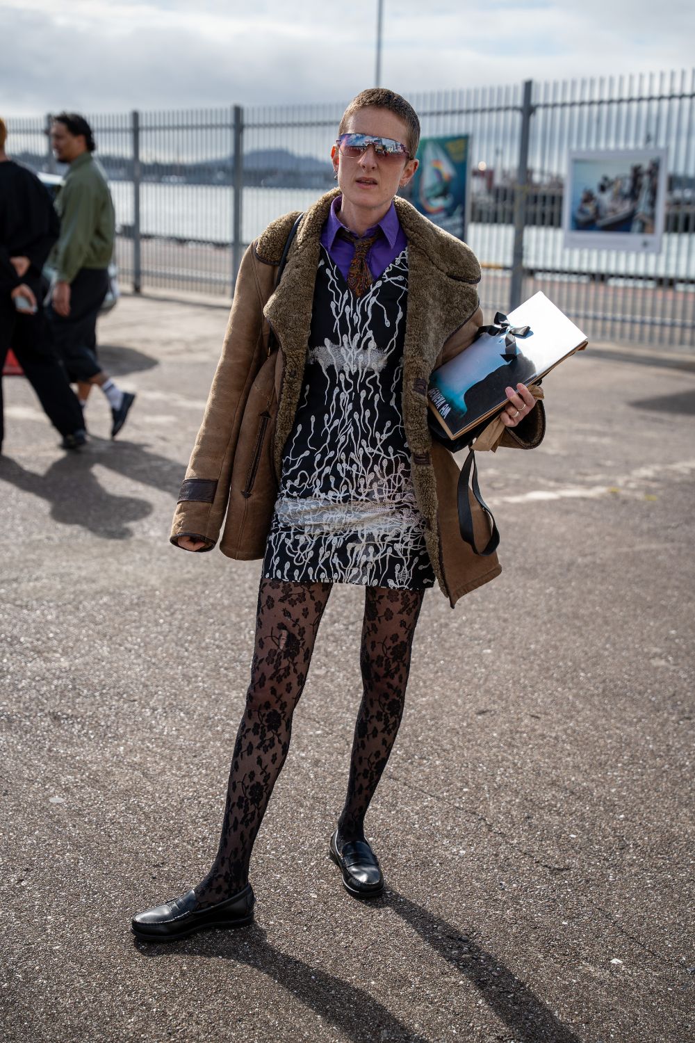 Emma Gleason wears Ralph Lauren shirt, Virus dress, Givenchy tie from Tango, vintage Leathercraft coat, Deadly Ponies bag. Photo / Alyse Wright