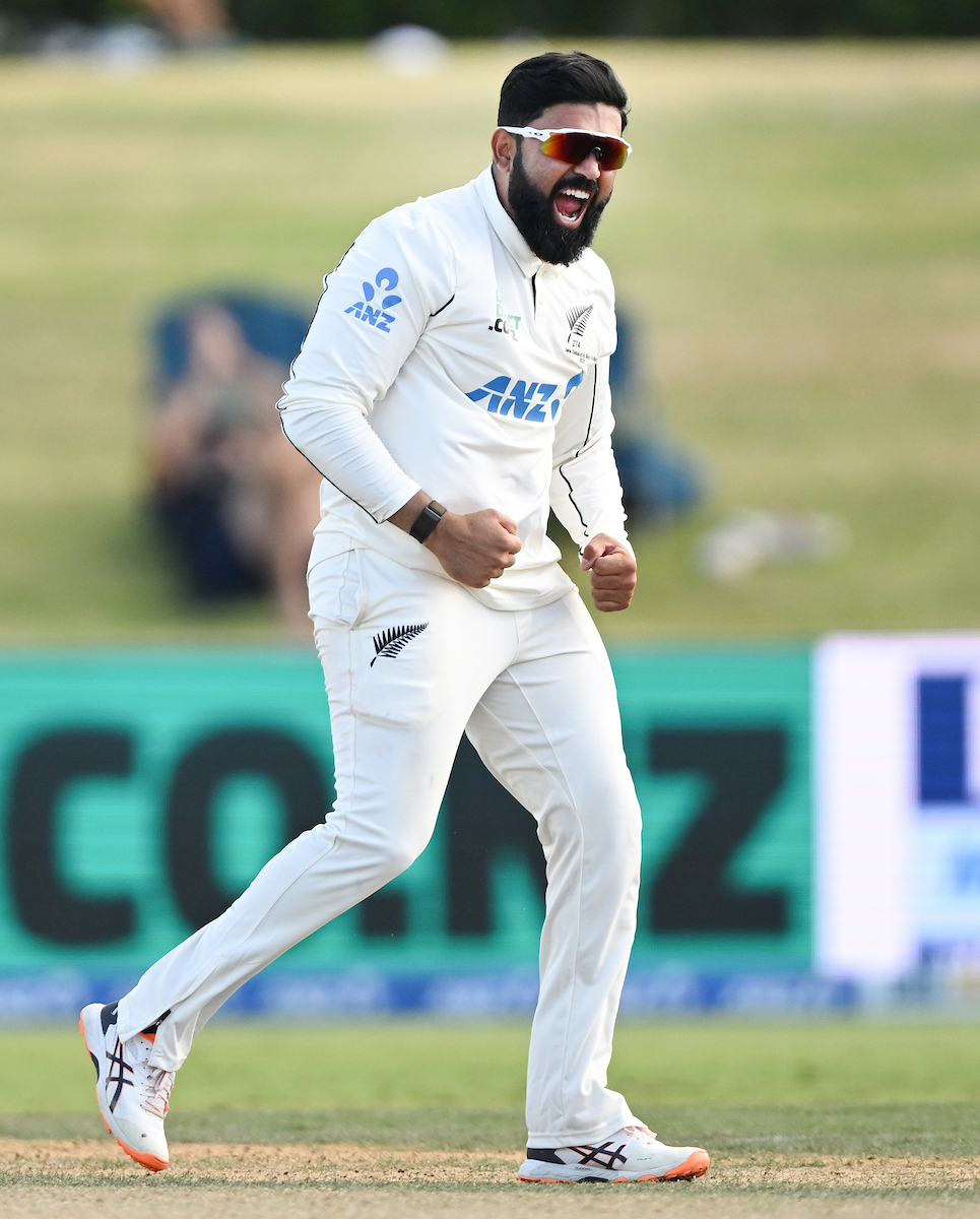 Ajaz Patel celebrates a wicket against the West Indies at Bay Oval. Photo / Photosport