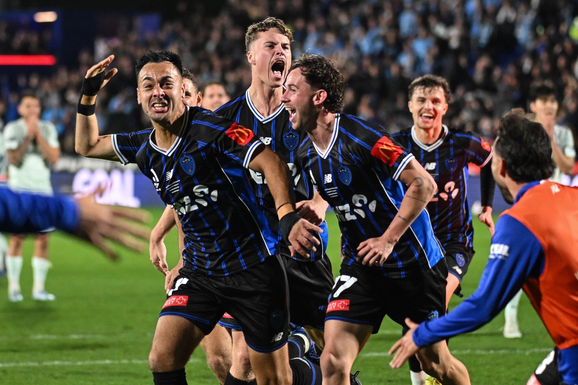 Cam Howieson of Auckland FC celebrates his goal with team, Auckland FC v Sydney FC - A-League Grand Final football match at Go Media Stadium, Auckland, New Zealand on Saturday 23 May 2026.
© Photo: Andrew Cornaga / Photosport x