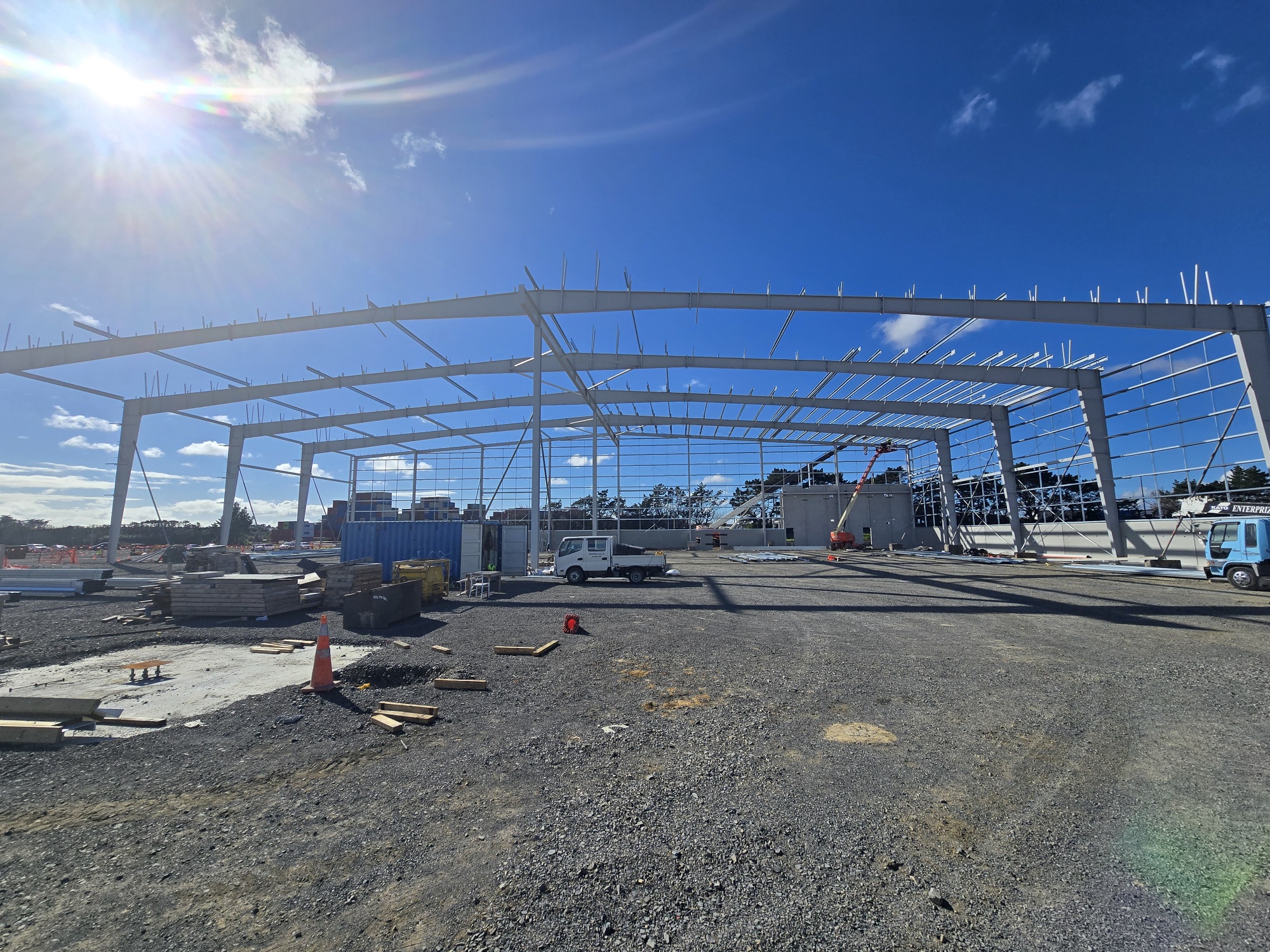 The framework is up for one of two buildings by Graeme Hart's Fernbrook on Prices Rd, Wiri.