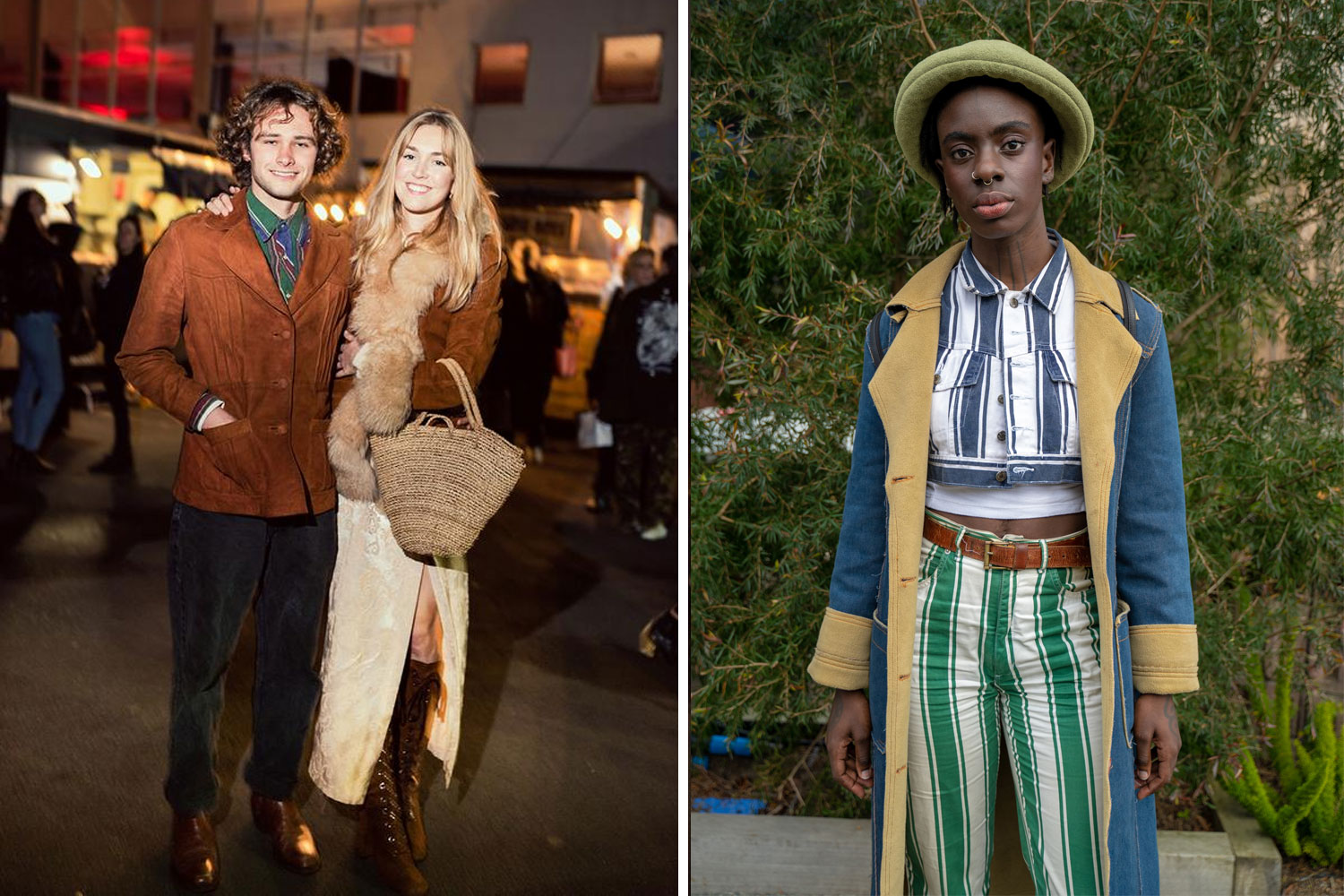 (From left) Joshua Milward and Rose Ackland; Janina Asides wearing vintage, shot by Mark Leedom for Viva’s NZ Fashion Week street style gallery. Photos / Mark Leedom