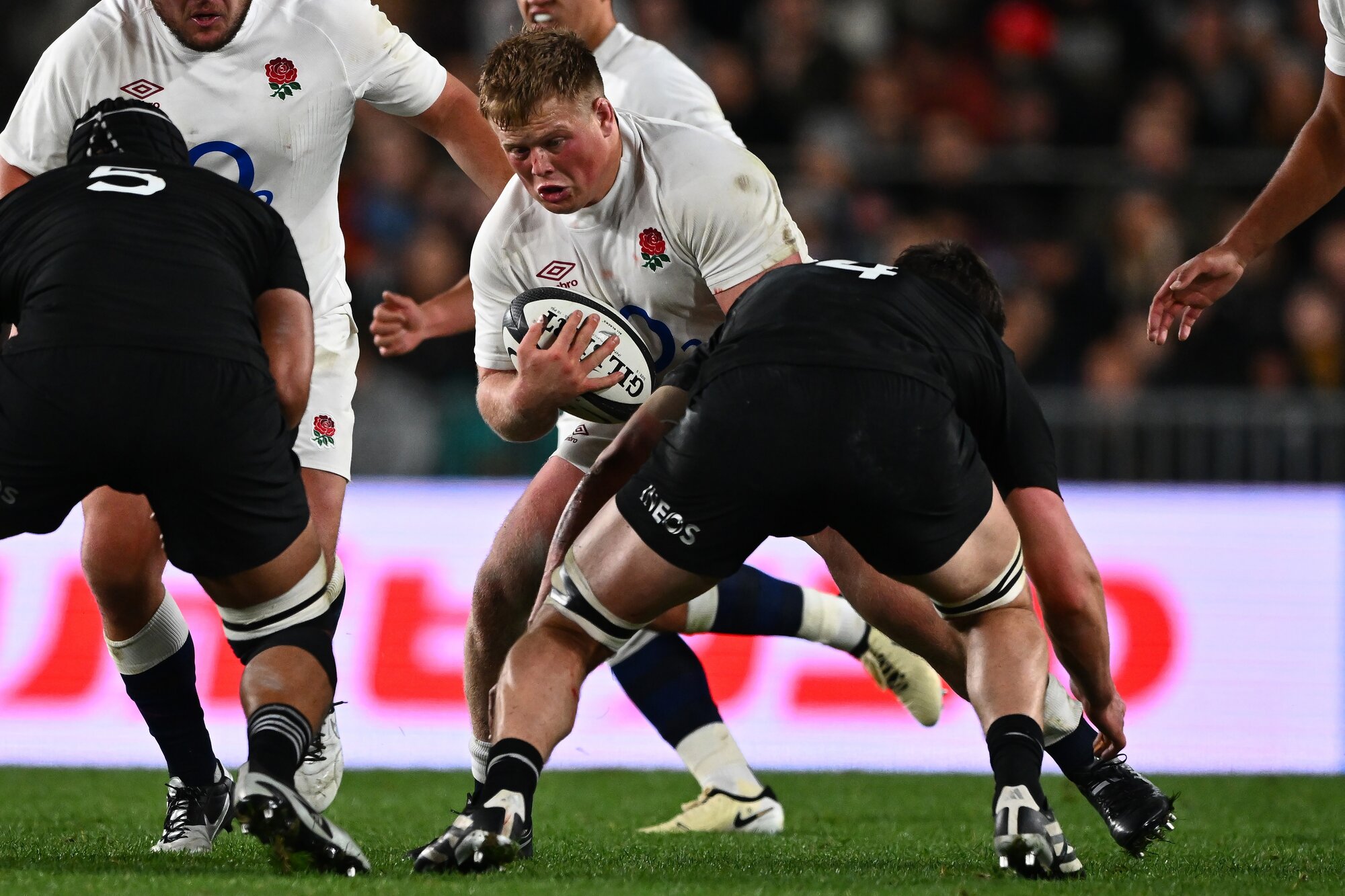 England prop Finn Baxter is tackled during last year's test against the All Blacks at Eden Park. Photo / Photosport