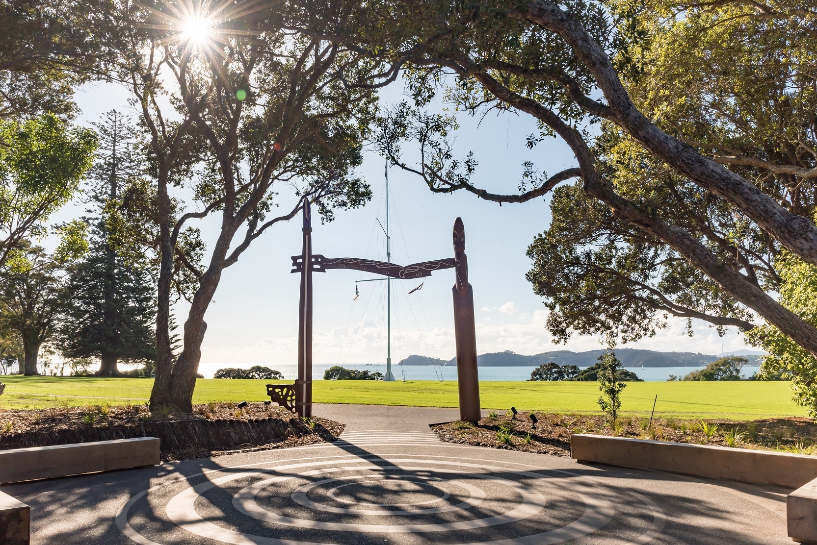 Looking onto the Treaty Grounds at Waitangi from outside Te Rau Aroha Museum. Photo / Supplied
