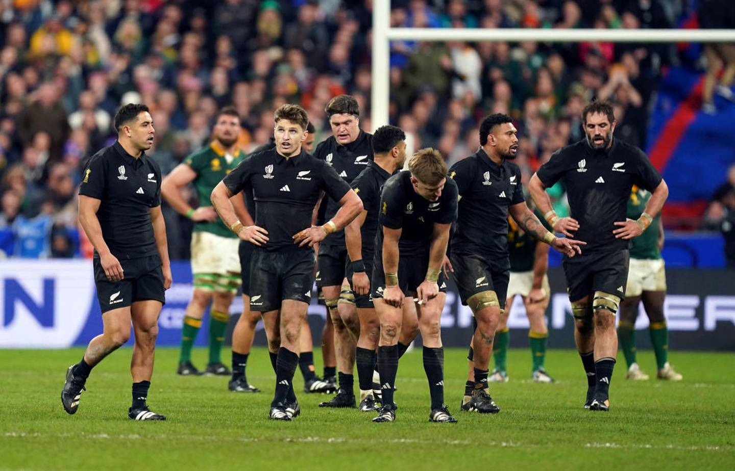 The All Blacks look dejected after losing the Rugby World Cup final. Photo / Getty Images