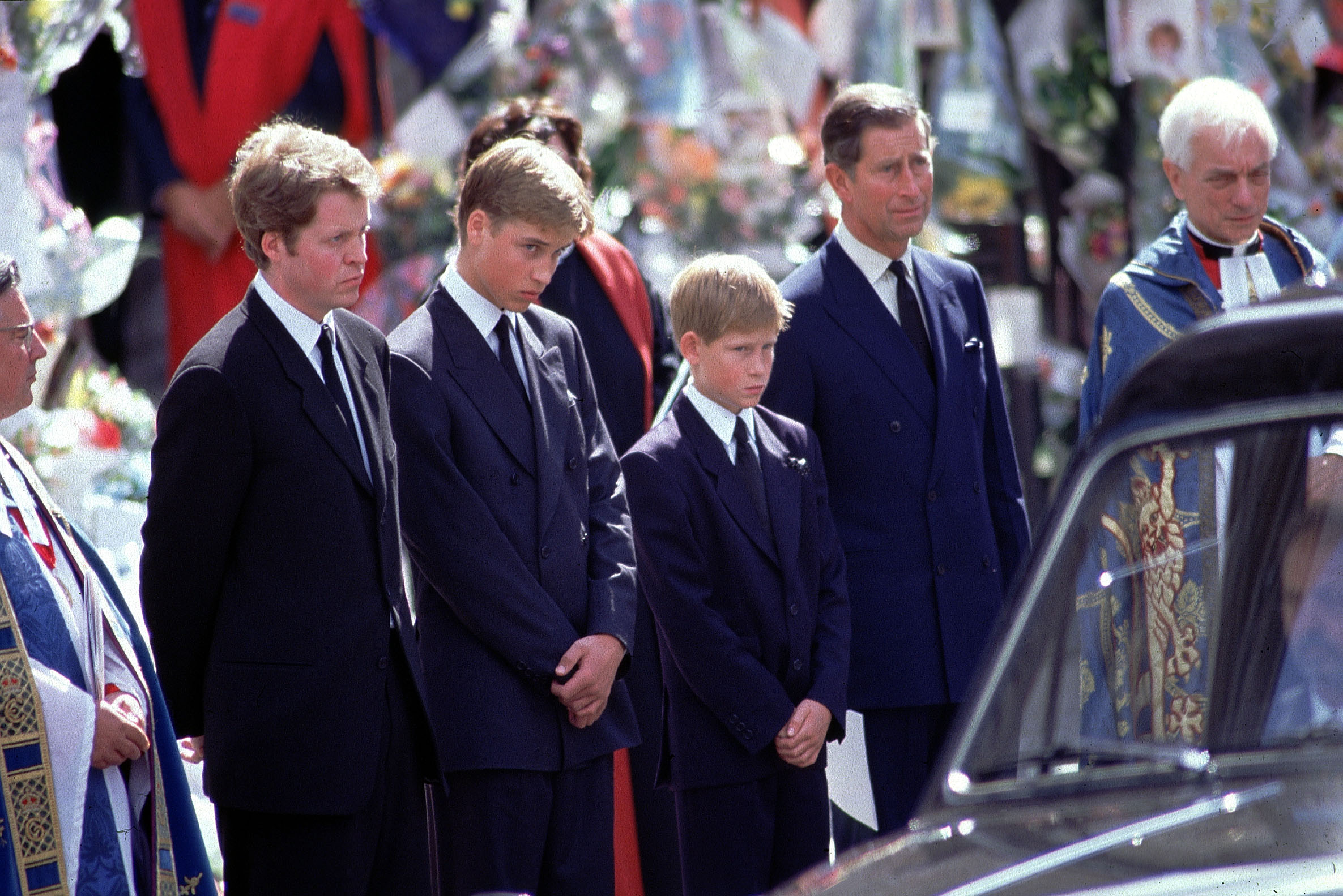 Prince William, Prince Harry and Prince Charles at the funeral service of Diana. Photo / Getty Images